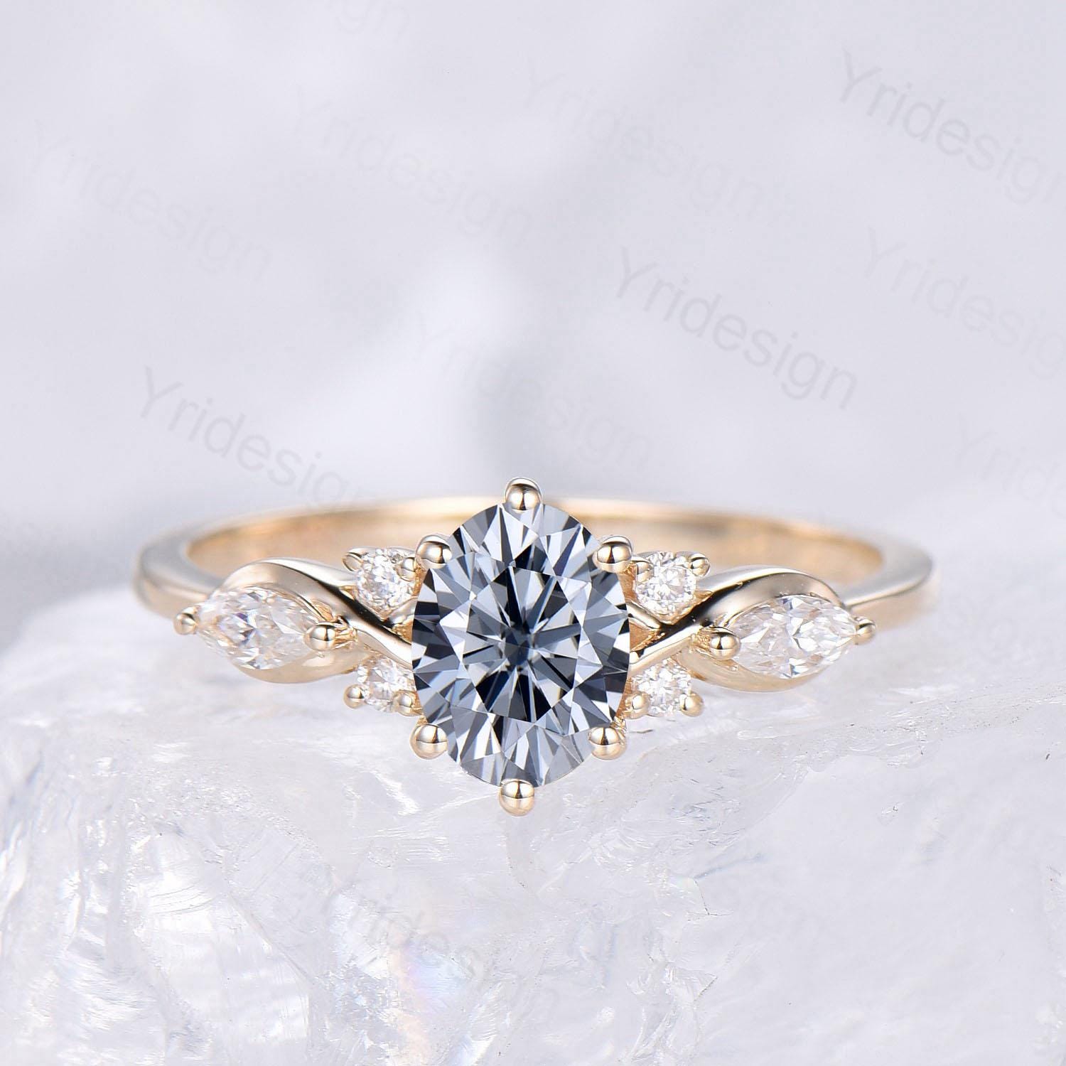 1 Carat Oval Gray Moissanite Engagement Ring Set with Cluster Marquise Diamonds - Unique Twisted Wedding Band Set for Women, Bridal Jewelry Gift for Her, Perfect for Proposals, Anniversaries & Special Occasions