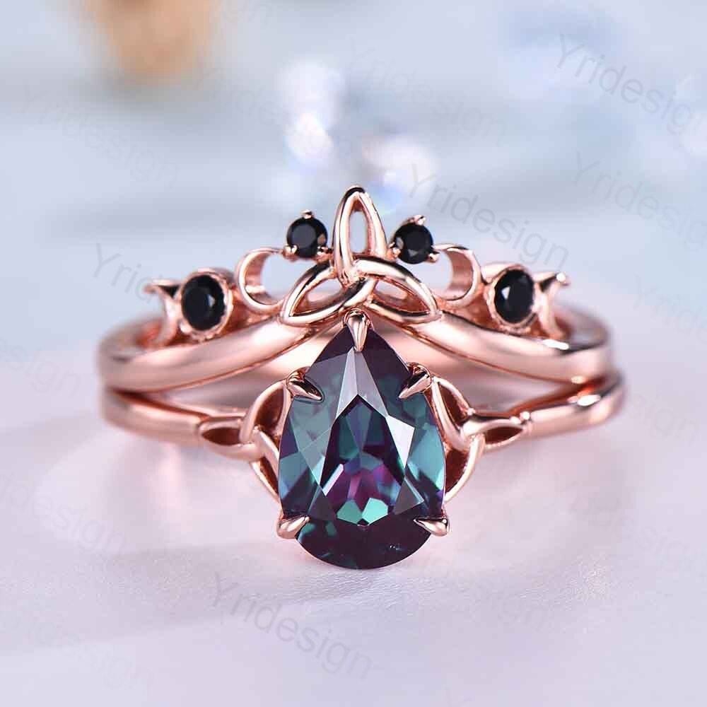 Celtic Knot Norse Viking Alexandrite Engagement Ring Set - Unique Pear Alexandrite Wedding Ring with Curved Black Spinel Matching Band Bridal Jewelry | Perfect for Celtic Weddings, Viking-Themed Proposals & Anniversary Gifts