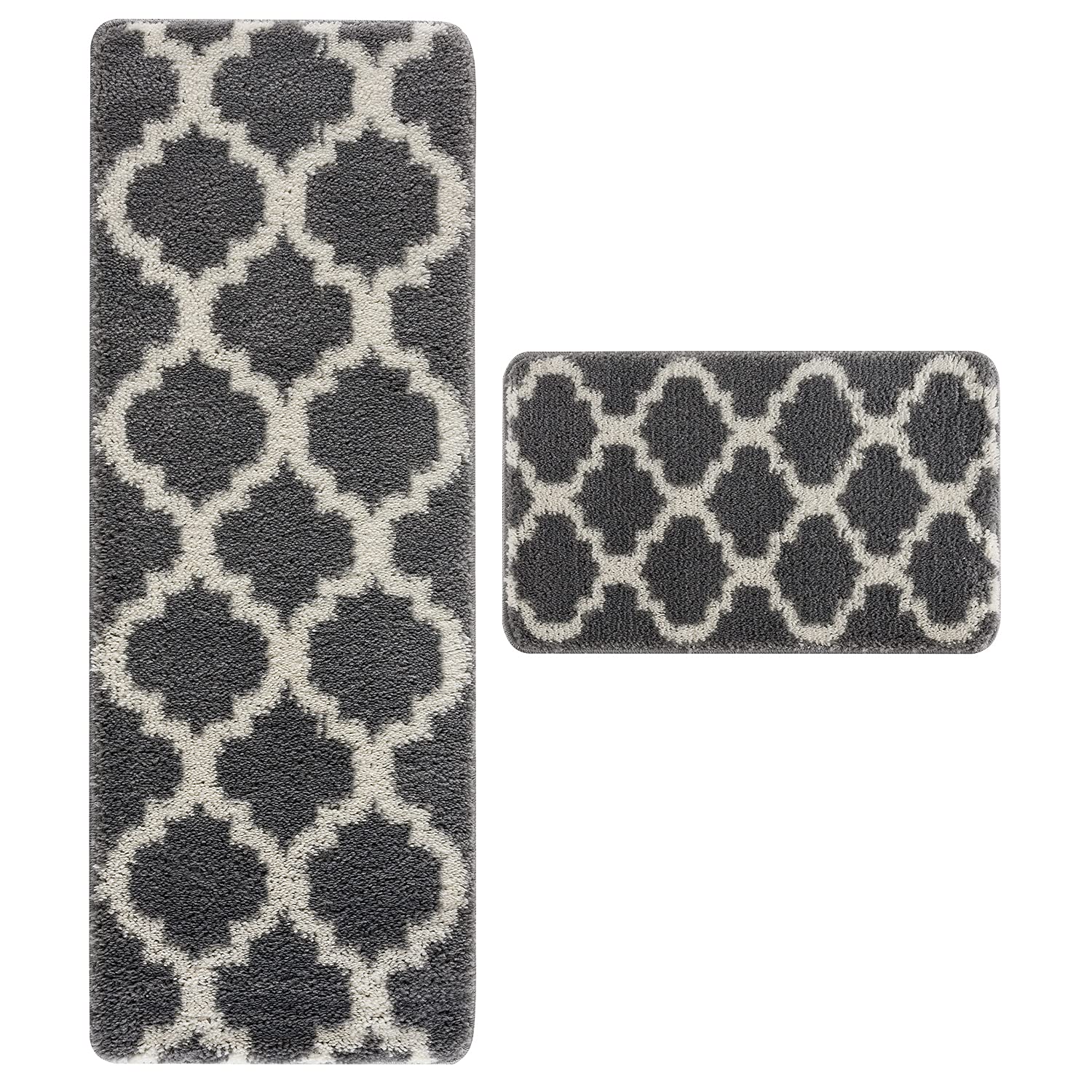 Wunderlin Soft Trellis Non-Slip Washable Kitchen Runner Rugs Set of 2 - Grey, Anti-Skid Floor Mat for Kitchen, Dining Room & High Traffic Areas