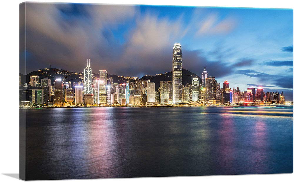 ARTCANVAS Hong Kong China Blue Canvas Wall Art - 18x12 Inch Framed Painting, Giclee Print, Stretched Canvas Decor for Living Room, Bedroom & Office
