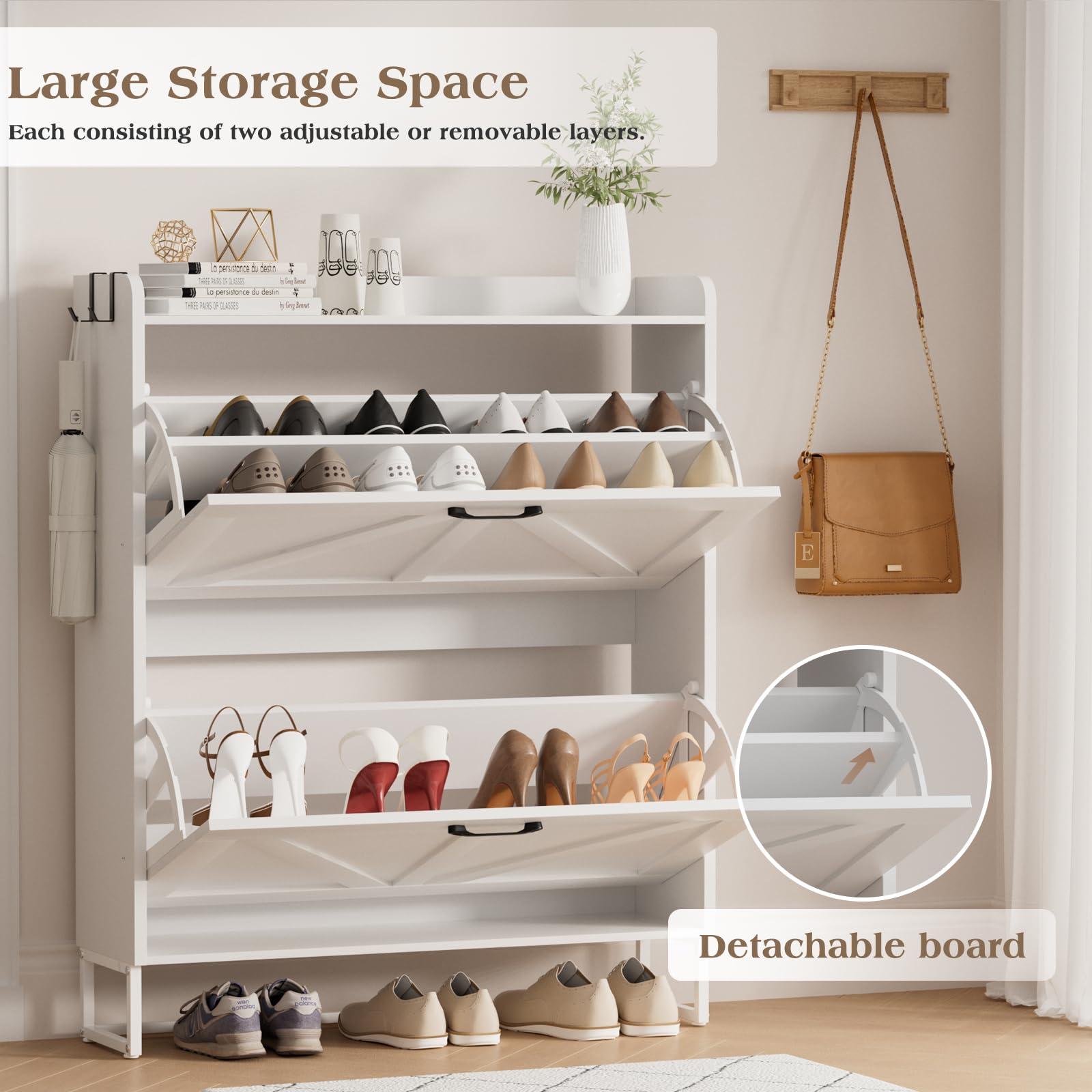 EOYUTLLY Narrow Shoe Cabinet for Entryway - Freestanding Shoe Storage Organizer with 2 Flip Drawers, Hidden Shoe Rack with Metal Legs, White - Perfect for Small Spaces, Hallway & Closet Organization