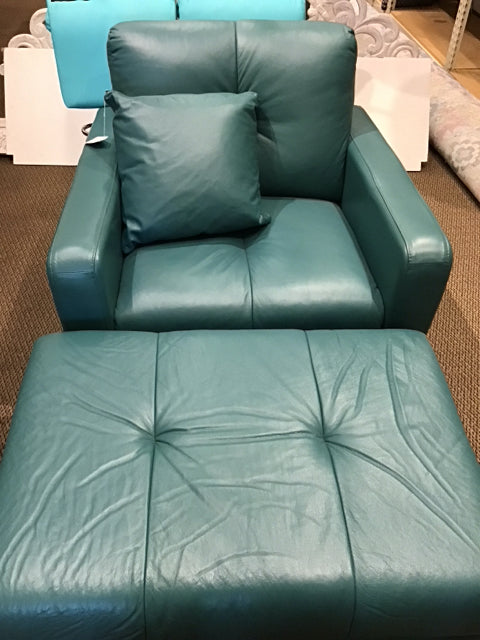 Palliser Teal Leather Chair with Ottoman - Modern Living Room Accent Seating for Home & Office Comfort