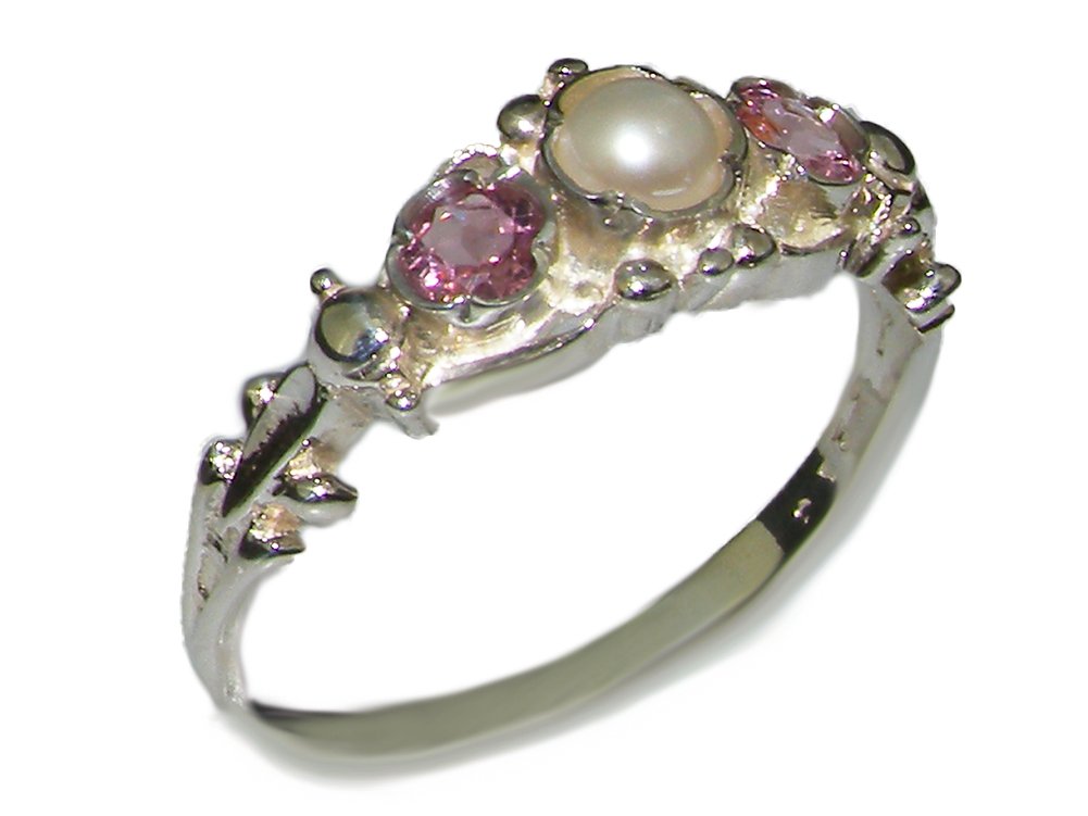 925 Sterling Silver Cultured Pearl & Pink Tourmaline Women's Band Ring - Elegant Stackable Jewelry for Weddings, Anniversaries & Everyday Wear