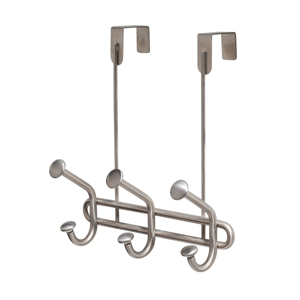InterDesign Forma Ultra Over Door Storage Rack - 3 Dual Hooks Organizer for Coats, Hats, Robes, Clothes & Towels - Brushed Stainless Steel - Perfect for Bedroom, Bathroom & Entryway Organization