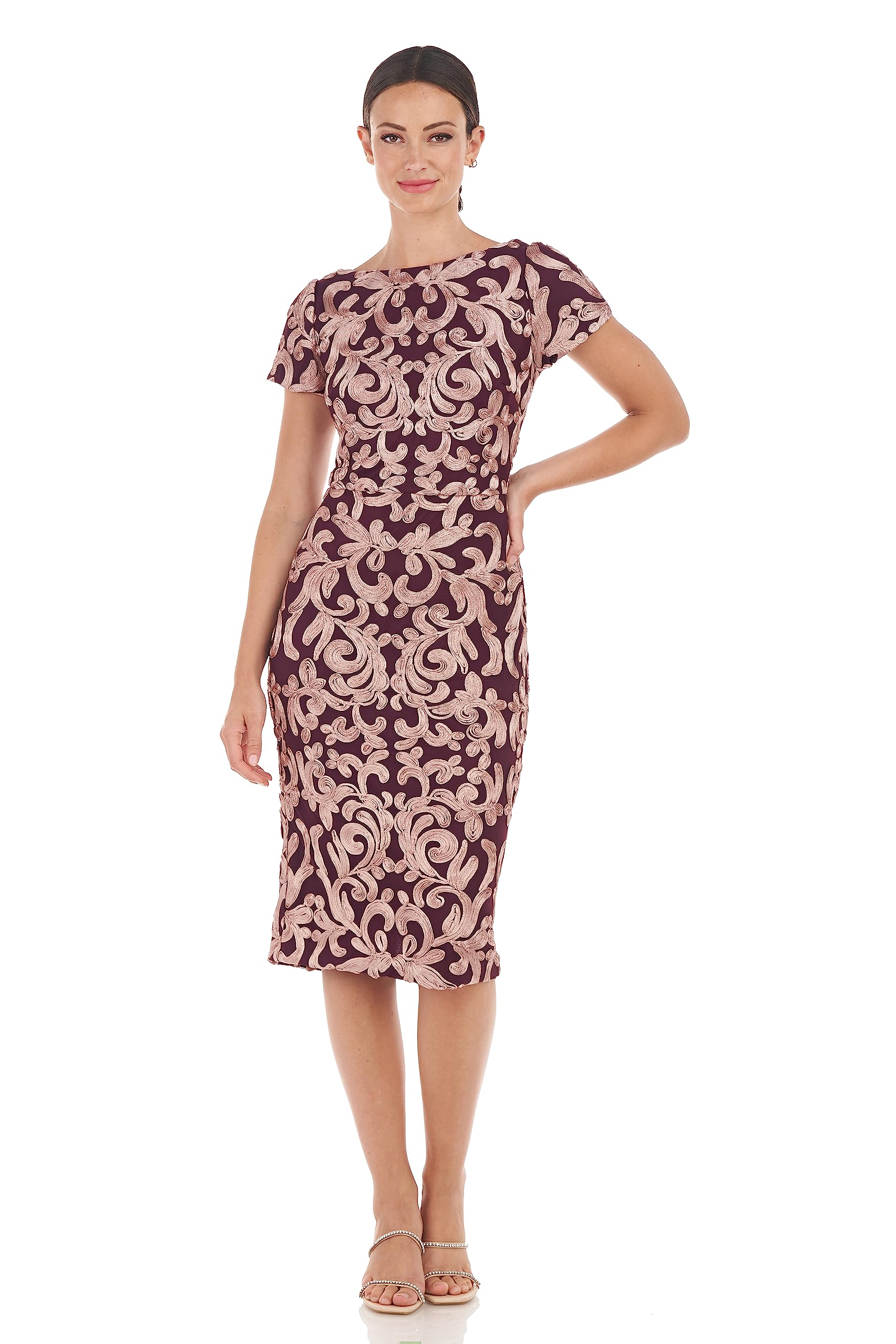 JS Collections Women's Alexa Tea Length Dress - Elegant Floral Print A-Line Dress for Wedding Guest, Cocktail Party & Special Occasions
