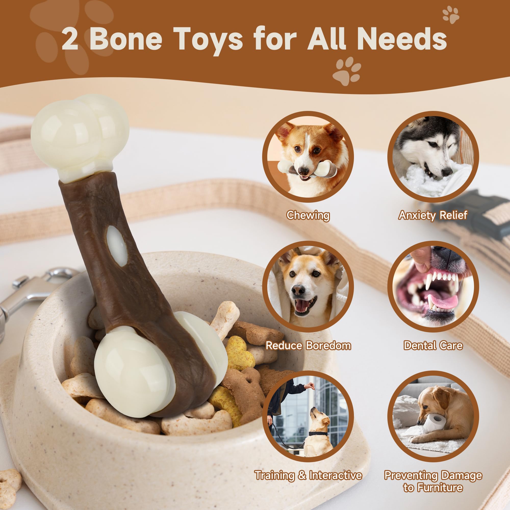 Indestructible Dog Chew Toys for Aggressive Chewers - 2 Pack Durable Nylon Bones with Real Beef Flavor, Tough Puppy Toys for Small Medium & Large Dogs - Perfect for Teething, Boredom & Dental Health