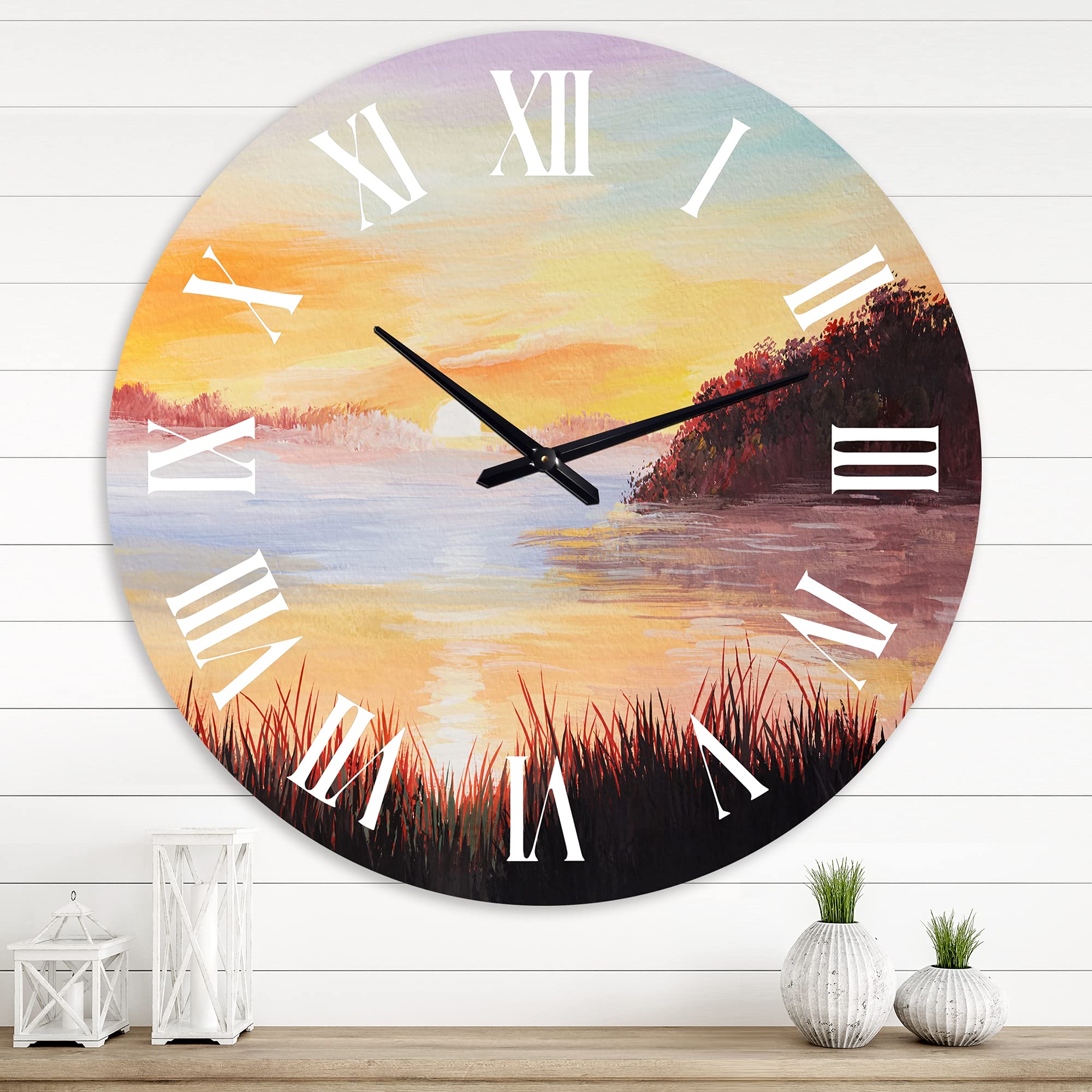 DesignQ Nautical Coastal Wall Clock - 'On The Lake with The Reeds' Landscape Nature Decor - Large 20 Inch Silent Non-Ticking Wall Clock for Living Room, Office, Beach House & Coastal Home Decor