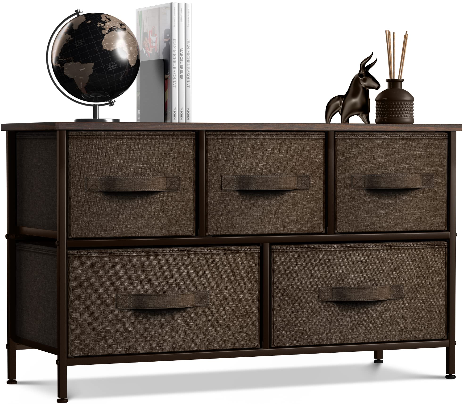 Sorbus 5-Drawer Dresser with Wood Top & Steel Frame - Storage Chest Organizer with Easy Pull Fabric Bins - Wide TV Stand for Bedroom, Hallway, Closet & Office Organization - Perfect for Small Space Storage & Home Decor