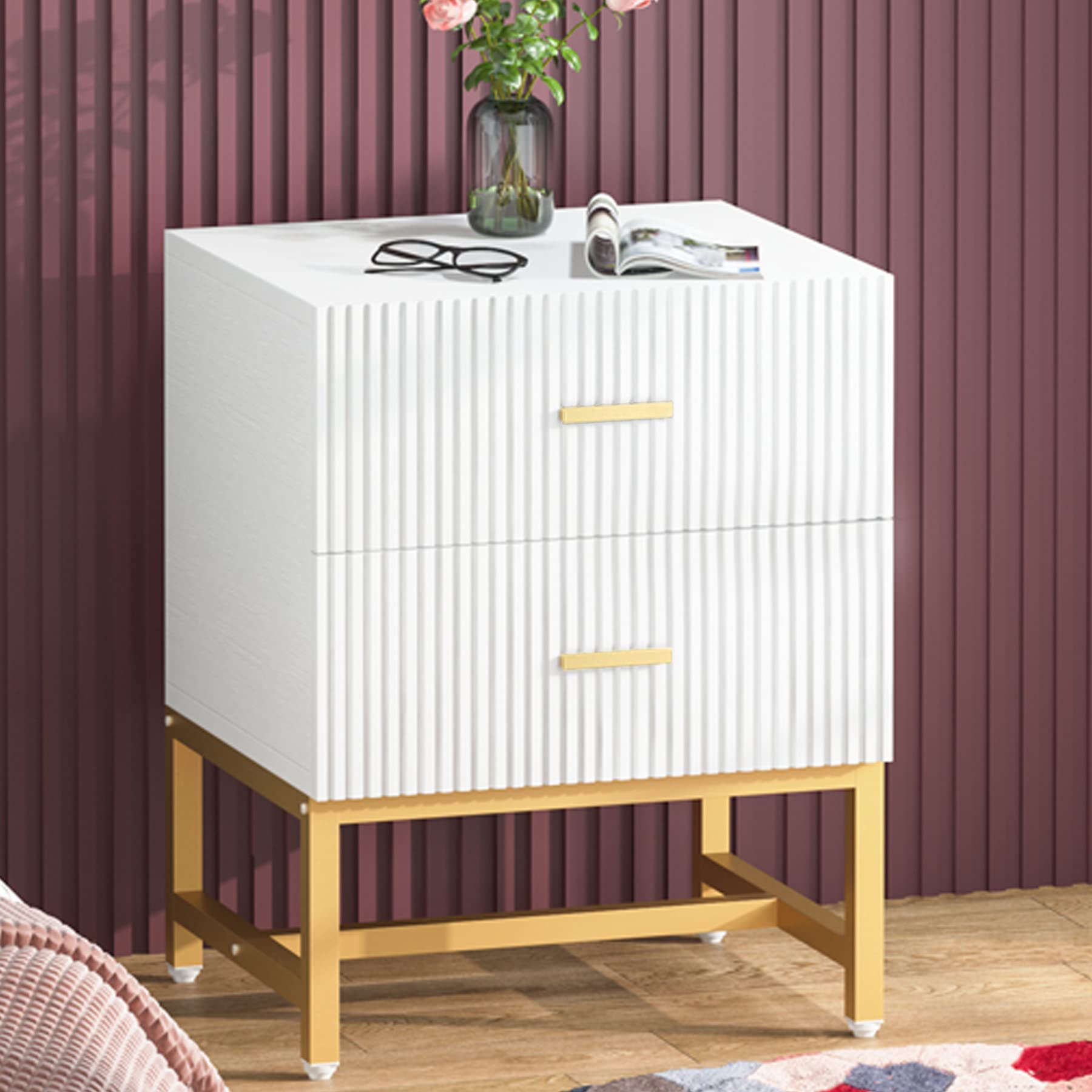 Tribesigns 2-Drawer Nightstand - Modern Fluted Wood Bedside Table with Storage, White Accent End Table for Bedroom & Living Room | Perfect for Small Spaces, Apartment & Dorm Room Decor
