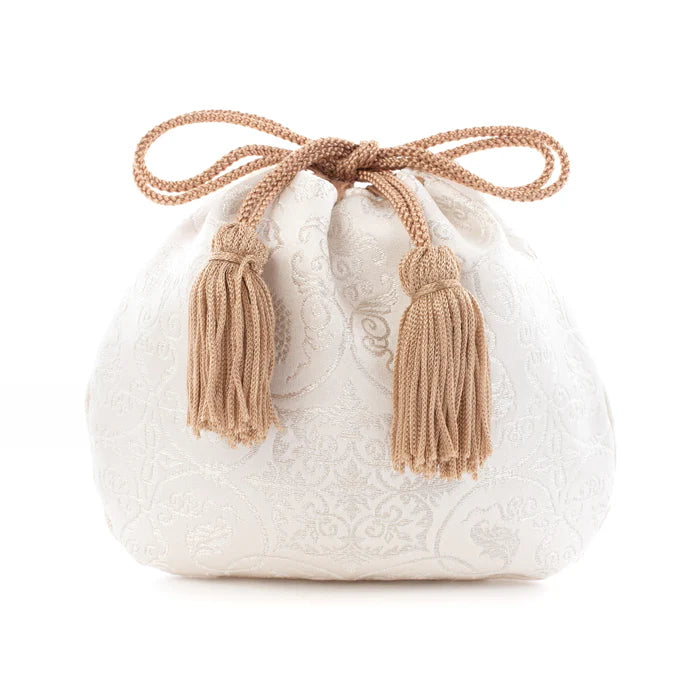 Nishijin Woven Small Drawstring Bag - Grapevine & White Silver | Handmade in Kyoto Japan | Traditional Japanese Craft Purse for Coins, Jewelry & Gifts
