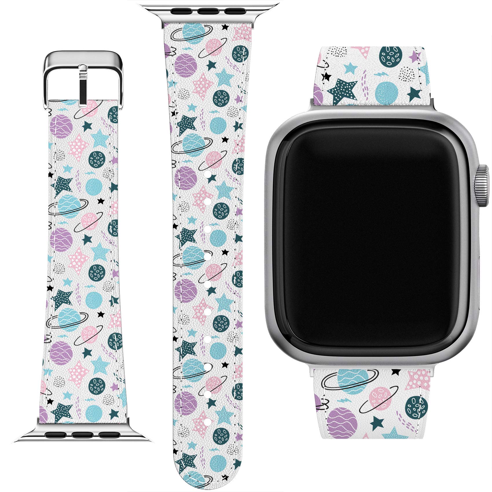 Elegant Purple PU Leather Wristband for Apple Watch Series 7/6/5/4/3/2/1/SE & Galaxy Phones - 38-45mm Planets Pastel Print Strap | Perfect for Workouts, Office Wear & Fashion Accessories