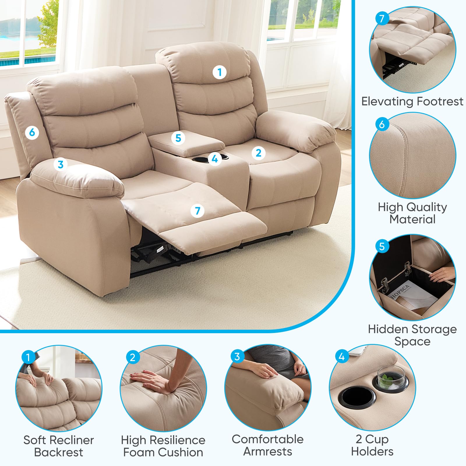 Mjkone 5-Piece Home Theater Seating Set - Manual Reclining Sofa with Cup Holders & Storage Console - 3-Seat Couch with Flip-Up Armrest + 2-Seat Loveseat - Beige Fabric Living Room Furniture for Movie Nights & Family Gatherings