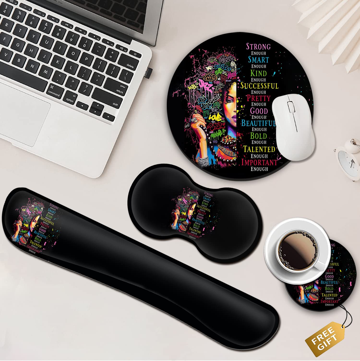 Ergonomic Mouse Pad Set with Keyboard Wrist Support, Round Gaming Mouse Pad & Coasters - Memory Foam with Anti-Slip Rubber Base for Office & Home Use - African American Woman Inspirational Design - Perfect for Computer Workstations, Gaming Setups & Home Offices