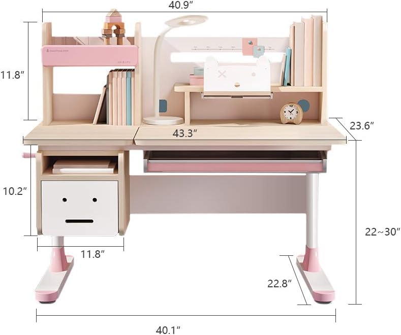 Ergonomic Adjustable Height Kids Study Desk with Tiltable Desktop, Tablet Stand & Storage Drawers - Pink Wooden Children's Writing & Reading Table (Chair Not Included) - Perfect for Homeschooling, Online Learning & Bedroom Study Spaces