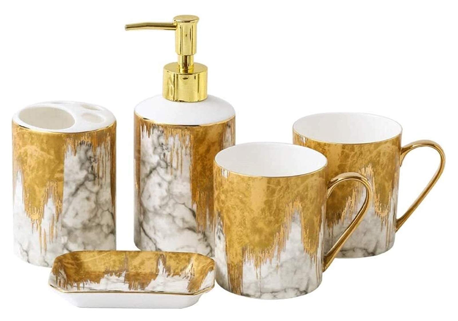 Vintage Ceramic Soap Dispenser Set - 5-Piece Bathroom Accessory Kit with Hand-Painted Gold Design, Toothbrush Holder & Hotel-Style Decor - Perfect for Bathroom, Guest Room & Spa Decorations