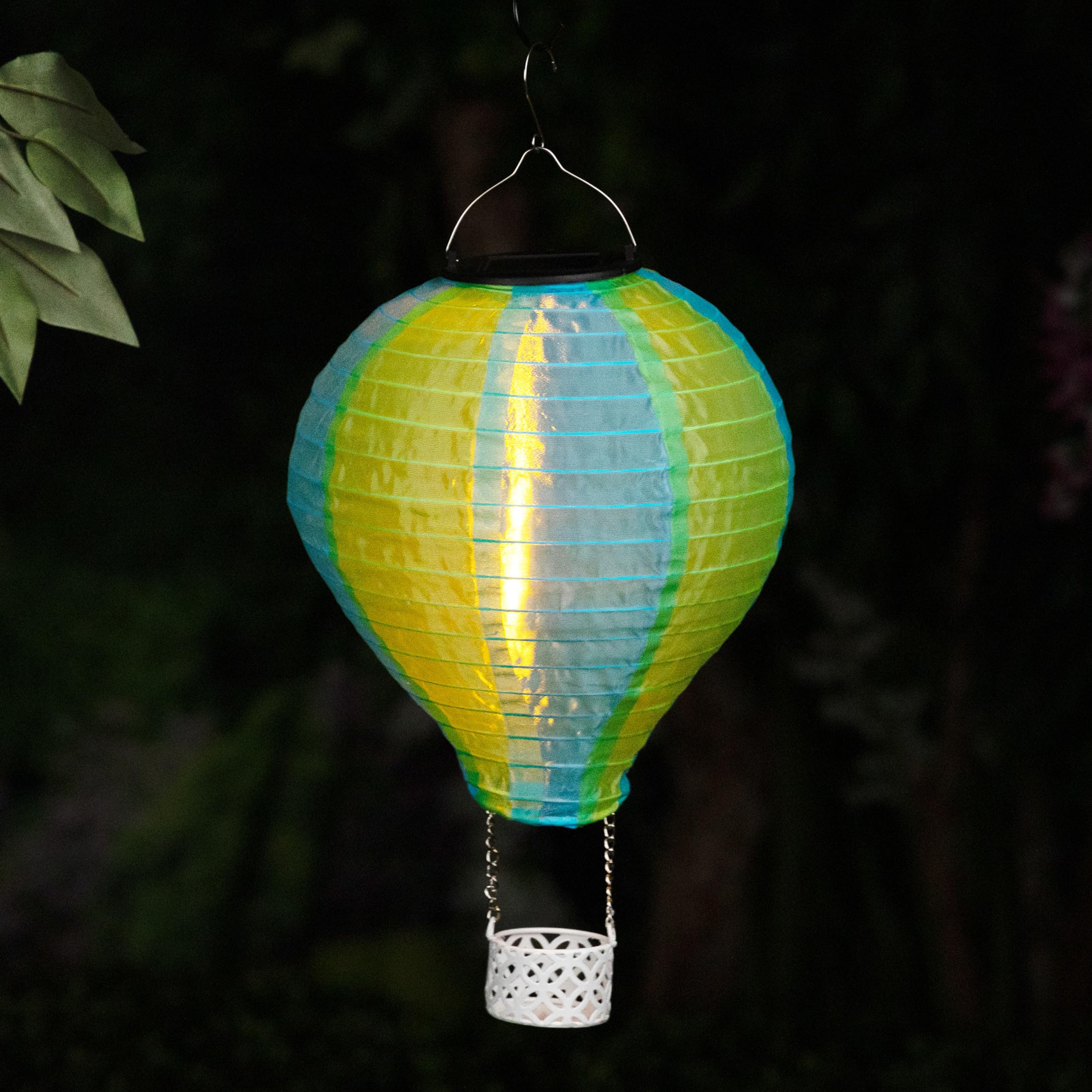 Alpine Corporation QLP1566SLR-GNBL Solar-Powered LED Hot Air Balloon Outdoor Decor - 13 Inch Green with Flame LED Lights for Garden, Patio, and Yard Decoration