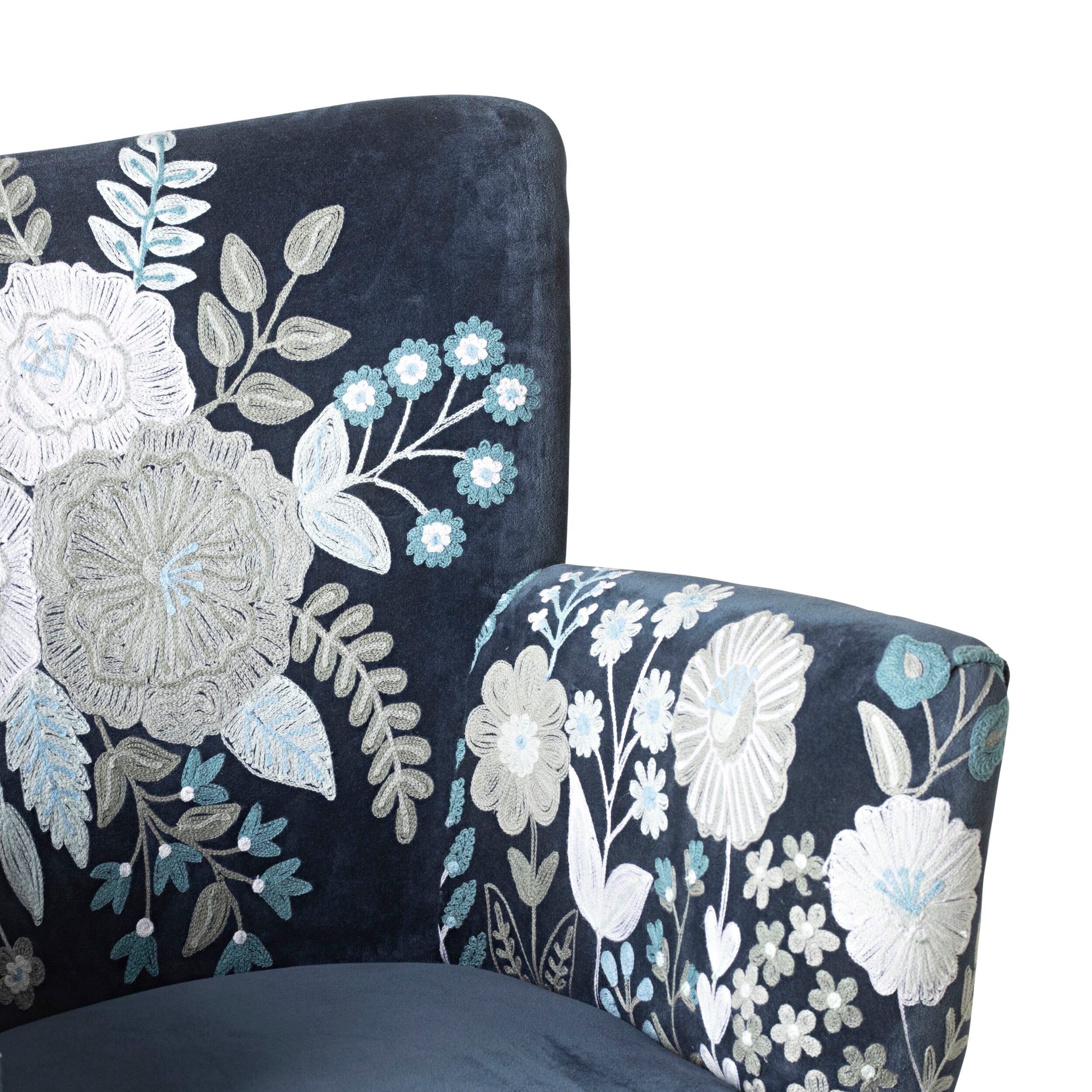 Blooms Embroidered Armchair in Indigo Blue - Elegant Floral Upholstered Accent Chair for Living Room, Bedroom, or Office Decor