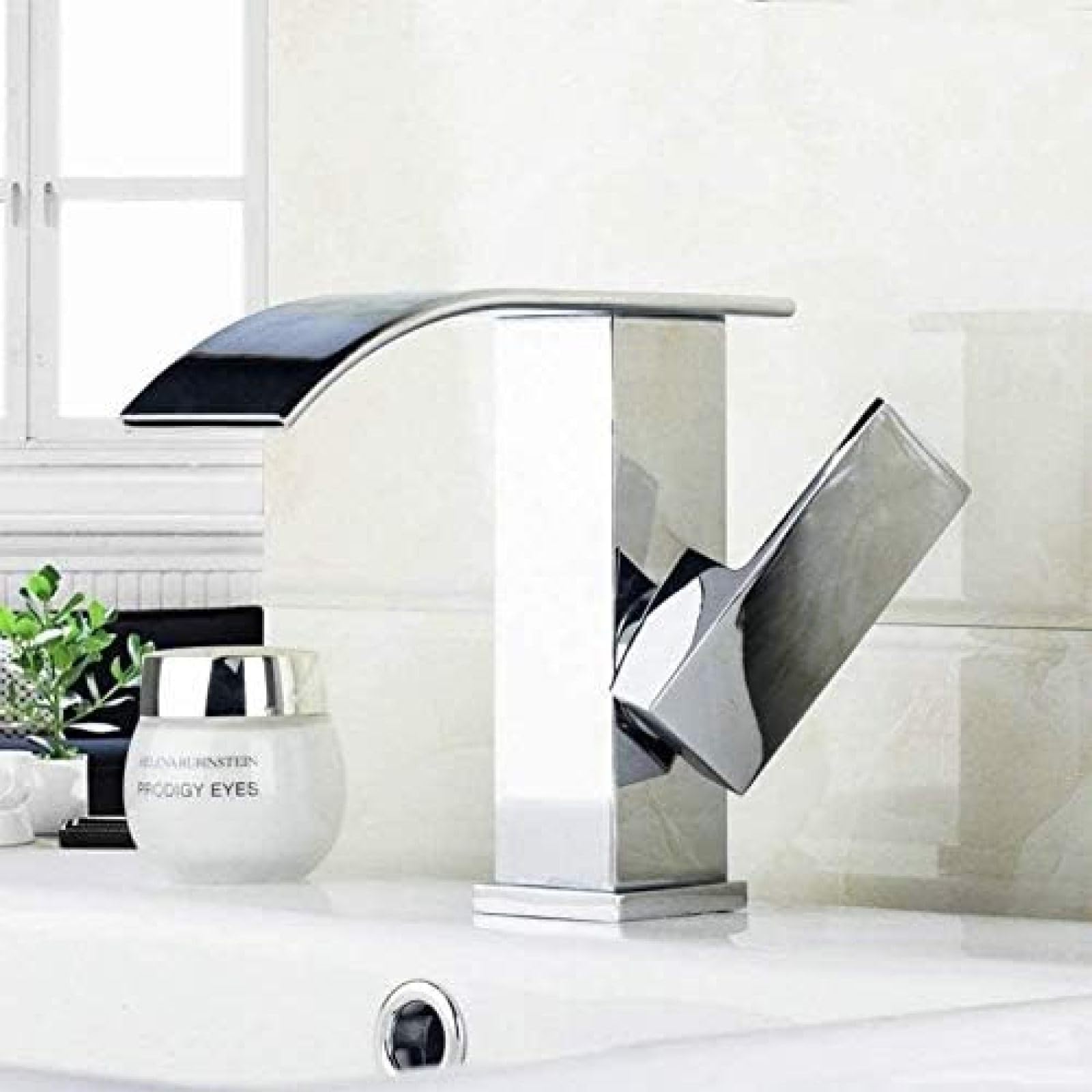 CRJUS Modern Single Handle Waterfall Bathroom Sink Faucet - Chrome & Brass Finish, Flat Head Slim Spout for Vanity, Powder Room, and Guest Bath - Easy Installation & Durable Design