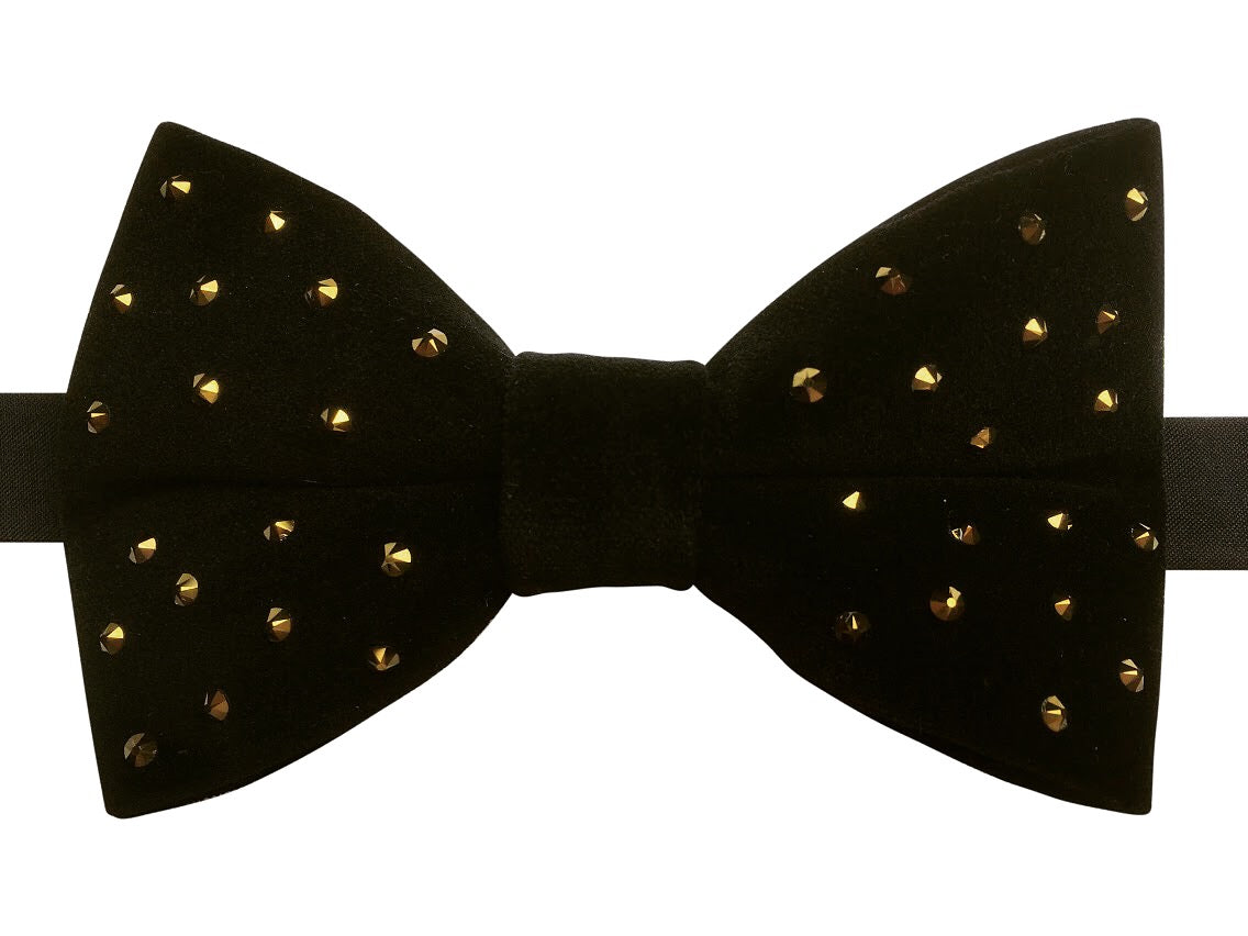 Elegant Black Velvet Bow Tie with Gold Crystals for Men - Perfect for Weddings, Prom, and Formal Events