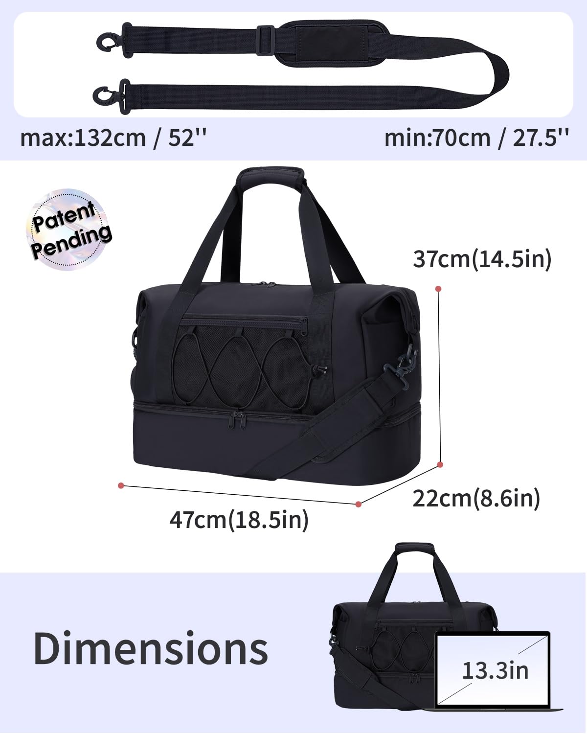 **Women's Large Water-Resistant Gym & Travel Duffel Bag with Shoe Compartment & Wet Pocket - Perfect for Workouts, Weekend Trips & Overnight Carry-On (Black) - Patent Pending**