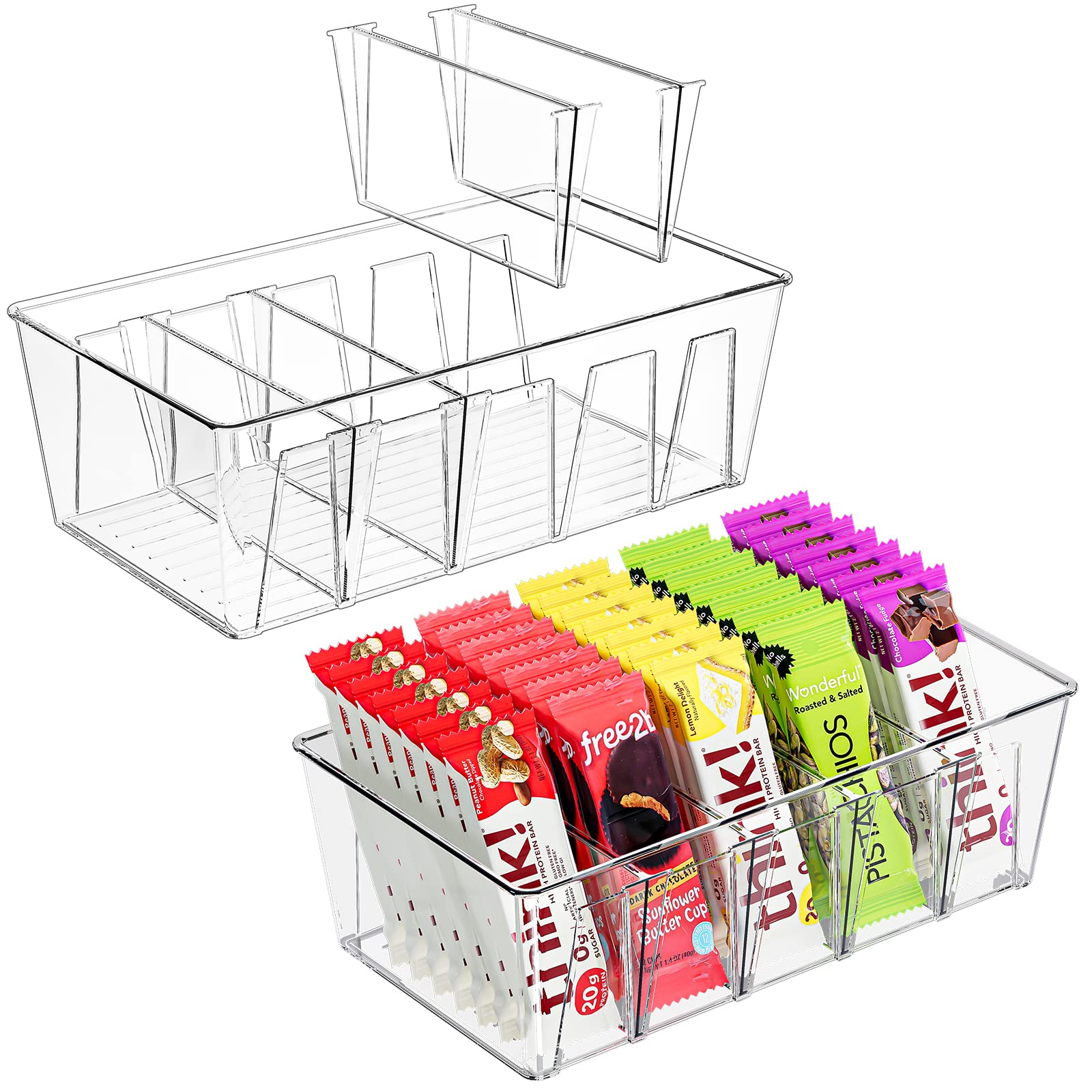 Puricon 2-Pack Clear Stackable Plastic Pantry Organizer Bins with Removable Dividers - 5-Compartment Kitchen Storage for Snacks, Spices, Packets - Perfect for Fridge, Countertop & Cabinet Organization