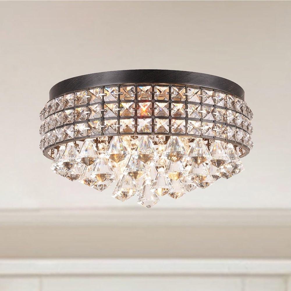 Modern Iron Shade Crystal Flush Mount Chandelier - Elegant Ceiling Light Fixture for Dining Room, Bedroom & Living Room Decor