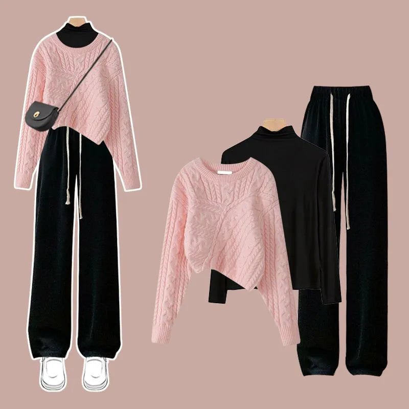 2024 Women's Autumn Winter Korean Knitted Sweater & Casual Pants 3-Piece Set - Cozy Outfit for Work, Dating & Holiday Season