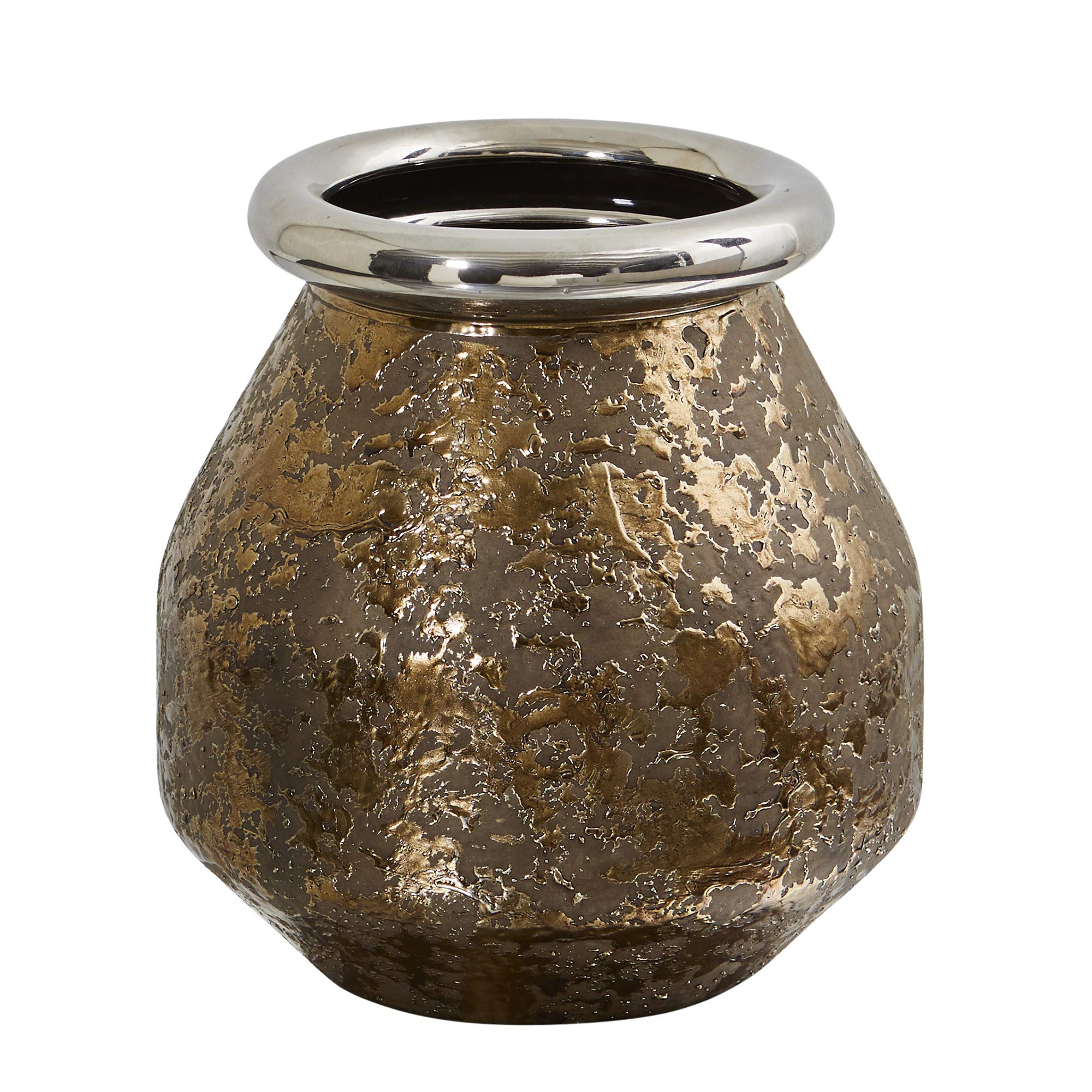Nearly Natural 9.5 Inch Textured Bronze Vase with Silver Rim - Elegant Home Decor for Living Room, Dining Table, and Wedding Centerpieces
