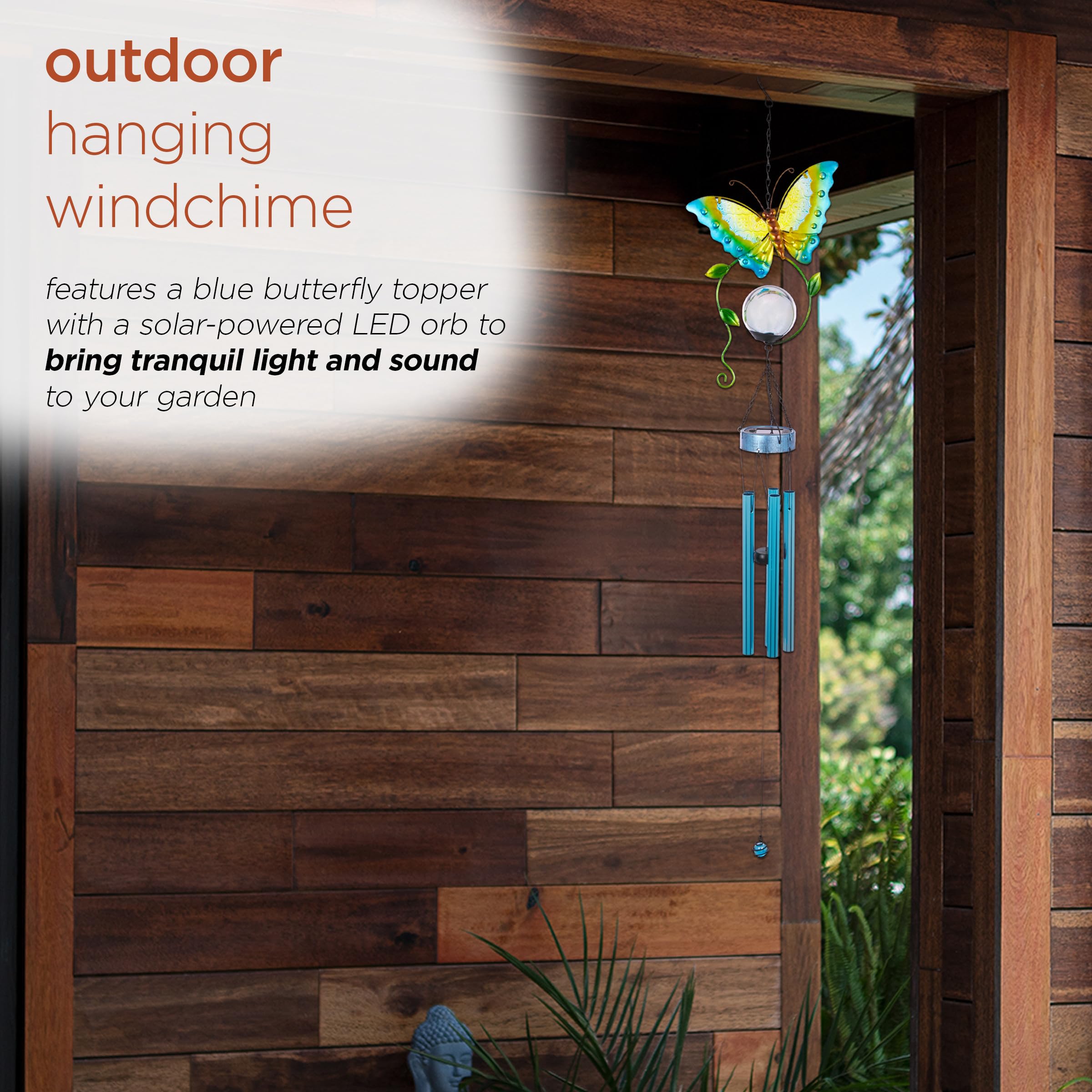 Alpine Corporation 48 Inch Blue Solar-Powered LED Butterfly Metal Wind Chime for Outdoor Garden, Patio, and Backyard Decor - Perfect for Relaxing Ambience and Nighttime Illumination
