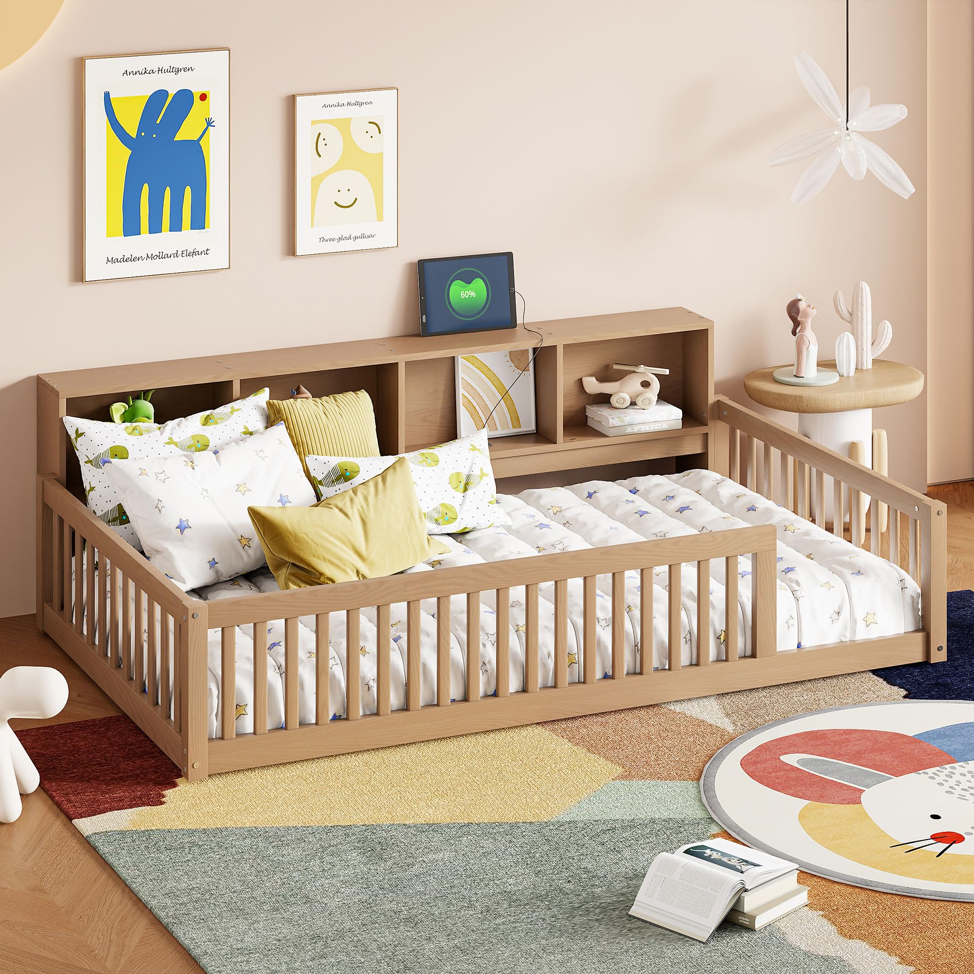 Montessori Floor Bed for Kids - Twin XL Size with Bookcase, Charging Station & Guardrails - Sturdy Wooden Frame with Storage - Ideal for Boys & Girls Bedrooms (Brown) - Perfect for Montessori Learning, Reading Nooks & Safe Toddler Sleep