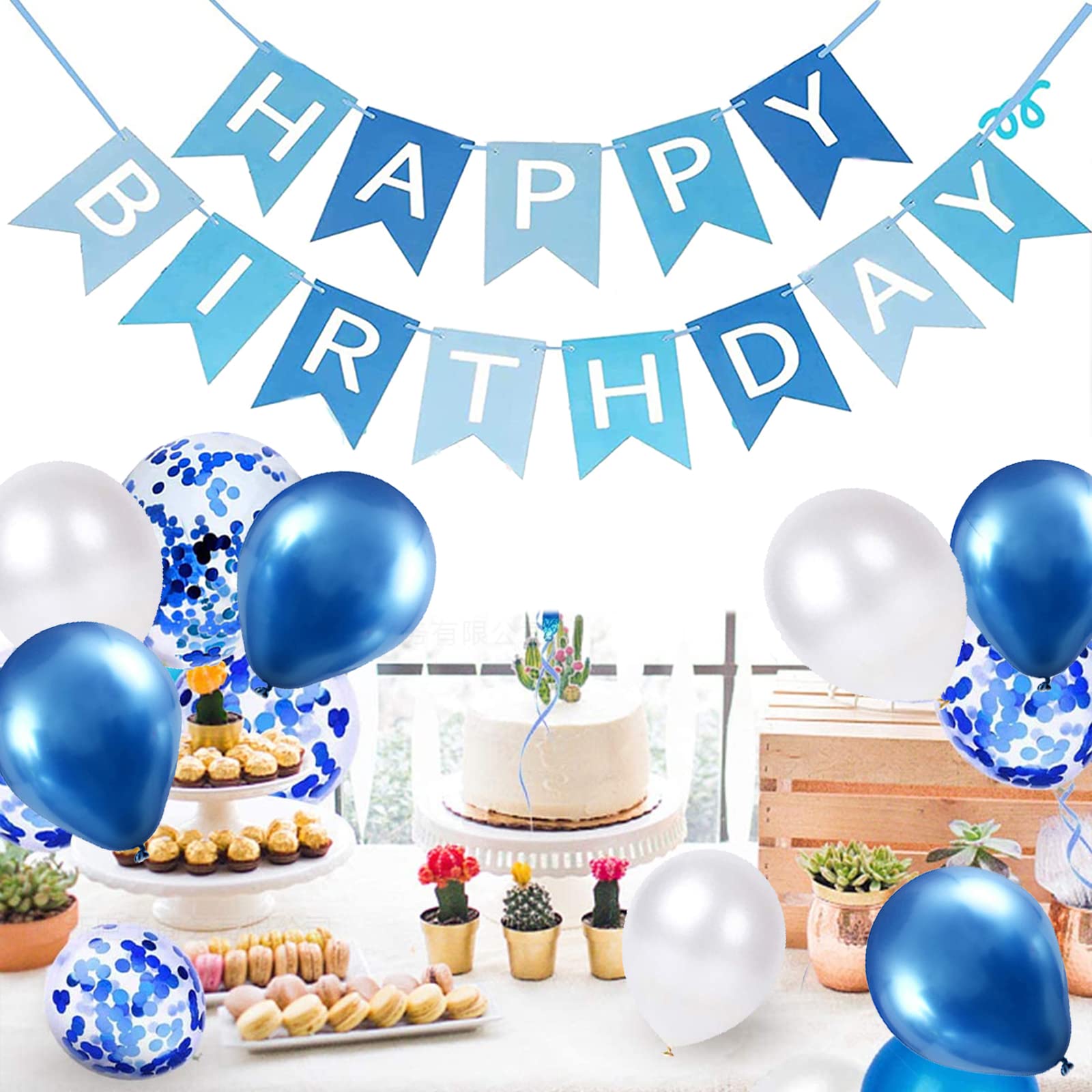 Happy Birthday Banner - Black Gold Silver Party Decorations, 12 Inch Bunting Banners & Balloons for Birthday Party Decor (Blue) | Perfect for Indoor/Outdoor Celebrations, Baby Showers & Anniversary Parties