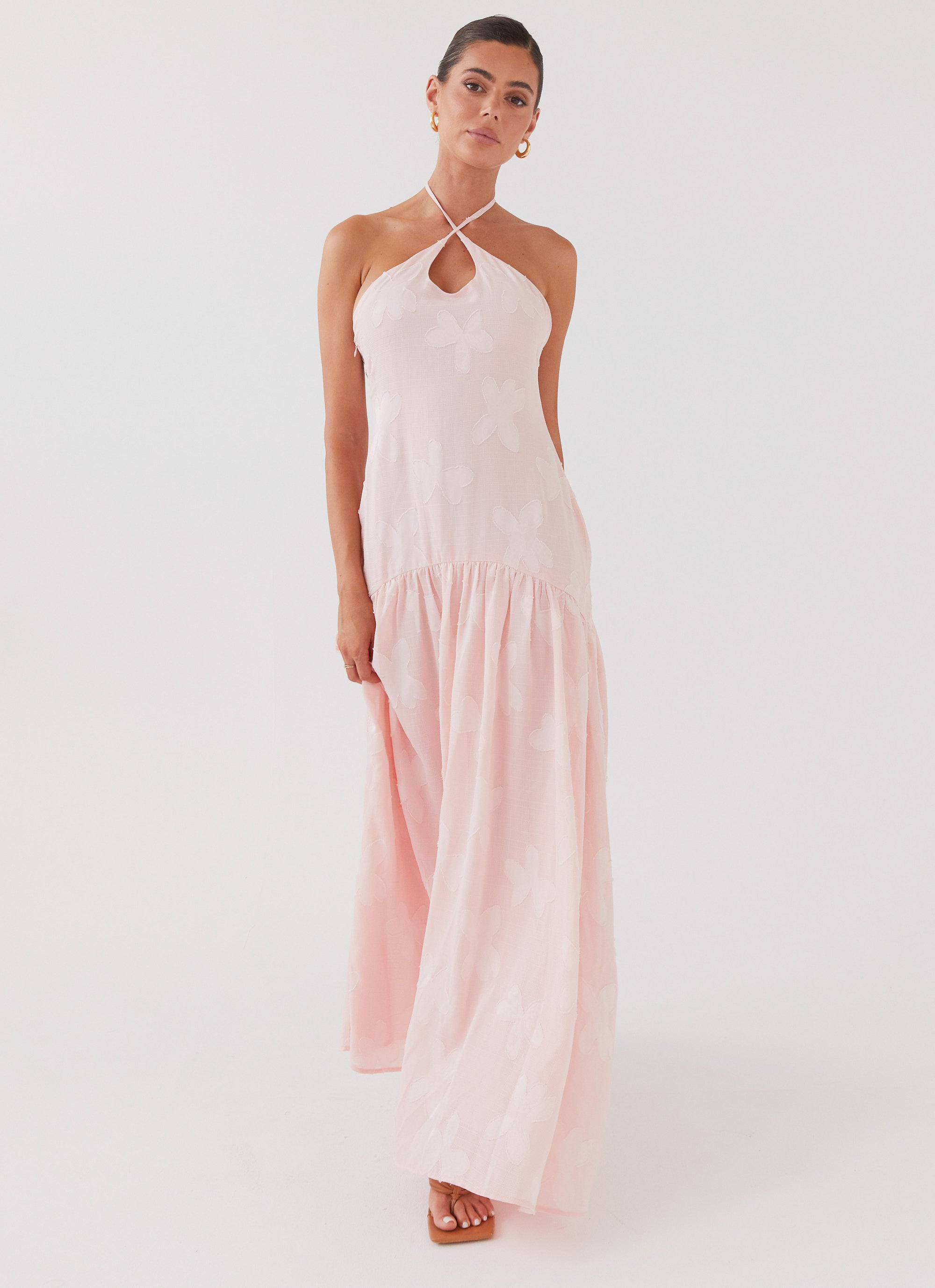 Blushed Cross Neckline Maxi Dress - Elegant Pink Petal Flowy Long Dress for Women, Perfect for Weddings, Parties & Summer Outfits