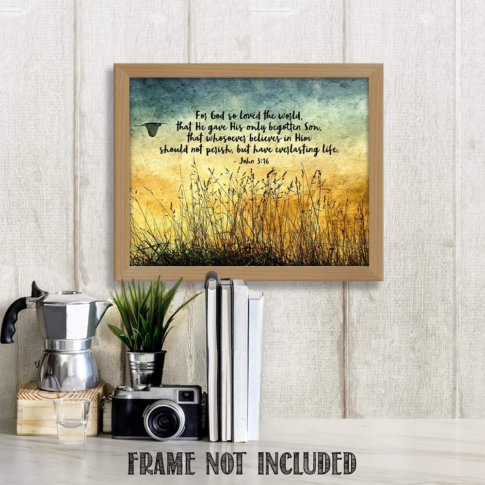 TJ Originals - John 3:16 Bible Verse Wall Art - Christian Scripture Decor - 11x14 Inspirational Print - God So Loved the World Quote - Perfect for Home, Church & Office Decor - Great Gift for Women, Family & Friends (Wild Grass 2)