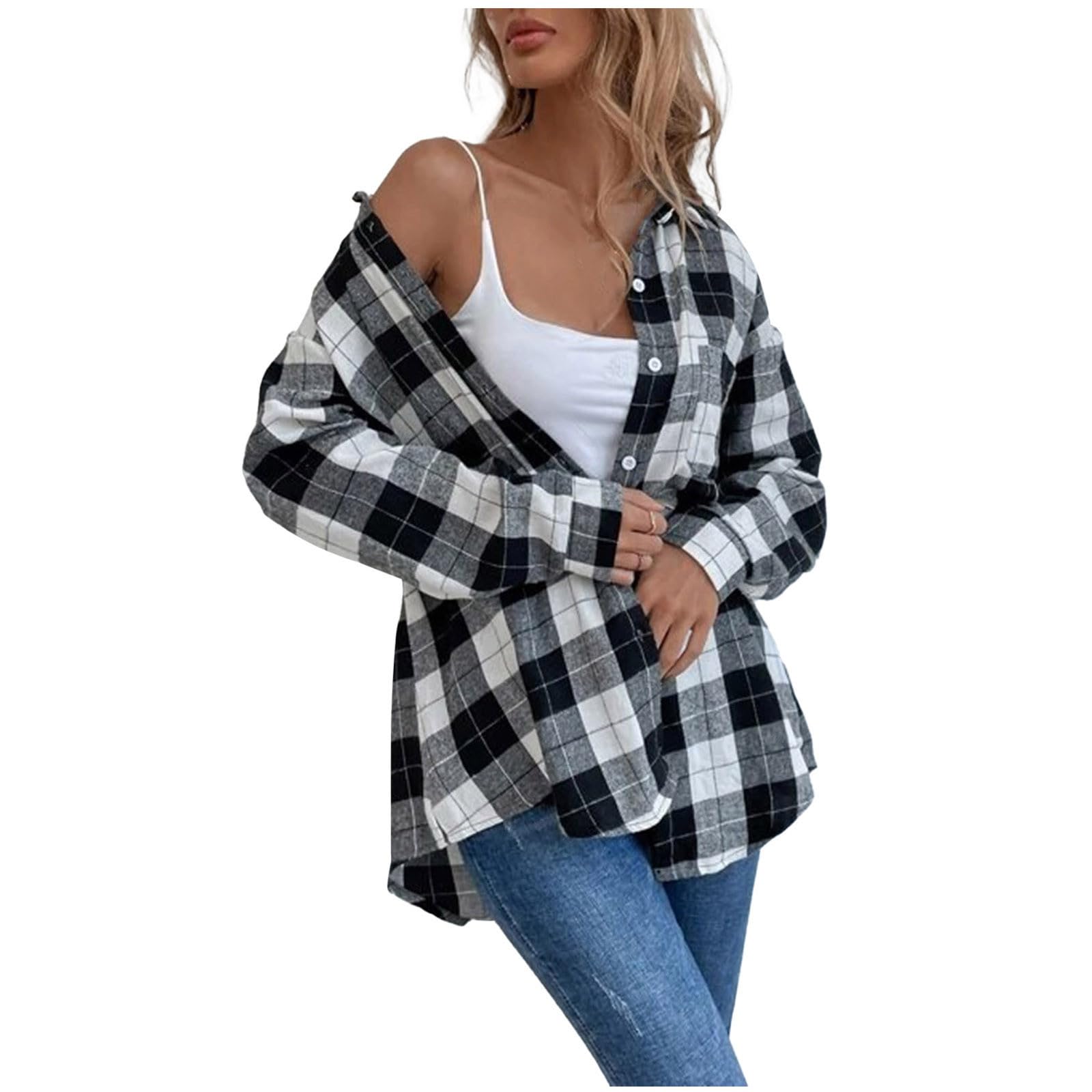 Women's Plaid Flannel Shacket Jacket - Long Sleeve Lapel Button Down Shirt Coat with Pocket | Casual Fall & Winter Layering, Outdoor Activities, Workwear & Everyday Fashion