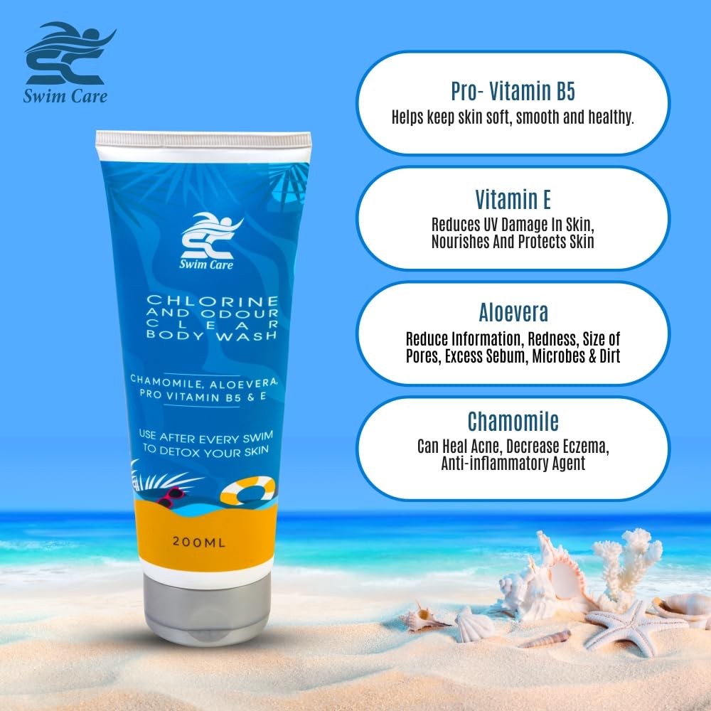 SWIMCARE Post Swimming Body Wash - Chlorine & Odour Neutralizer for Swimmers (Blue, 200ml) - Gentle Cleansing After Pool, Beach & Water Sports