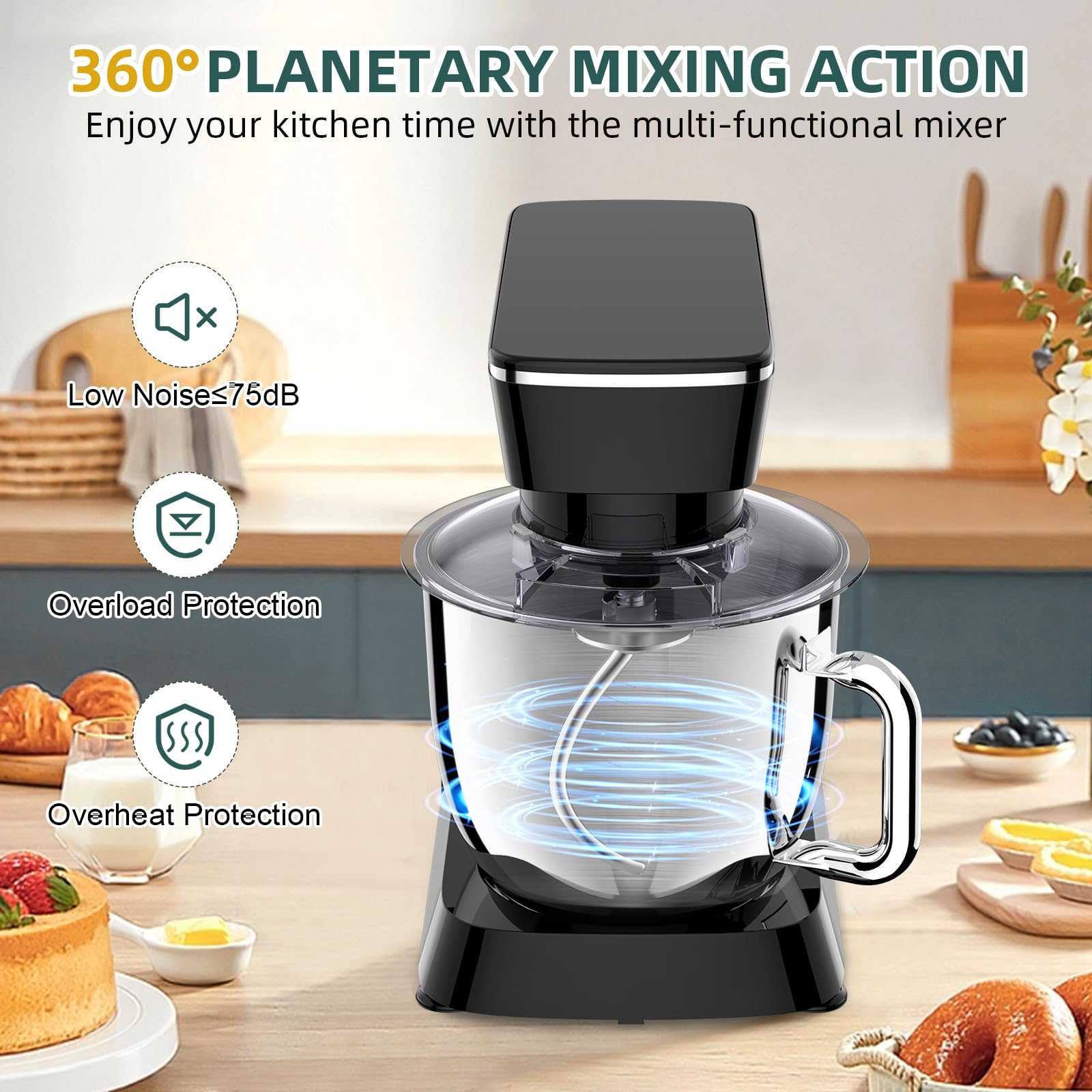 6QT Stand Mixer, 10-Speed Tilt-Head Electric Kitchen Mixer with Stainless Steel Bowl, Dough Hook, Flat Beater & Wire Whisk - Perfect for Baking, Whipping Cream & Kneading Dough - Black