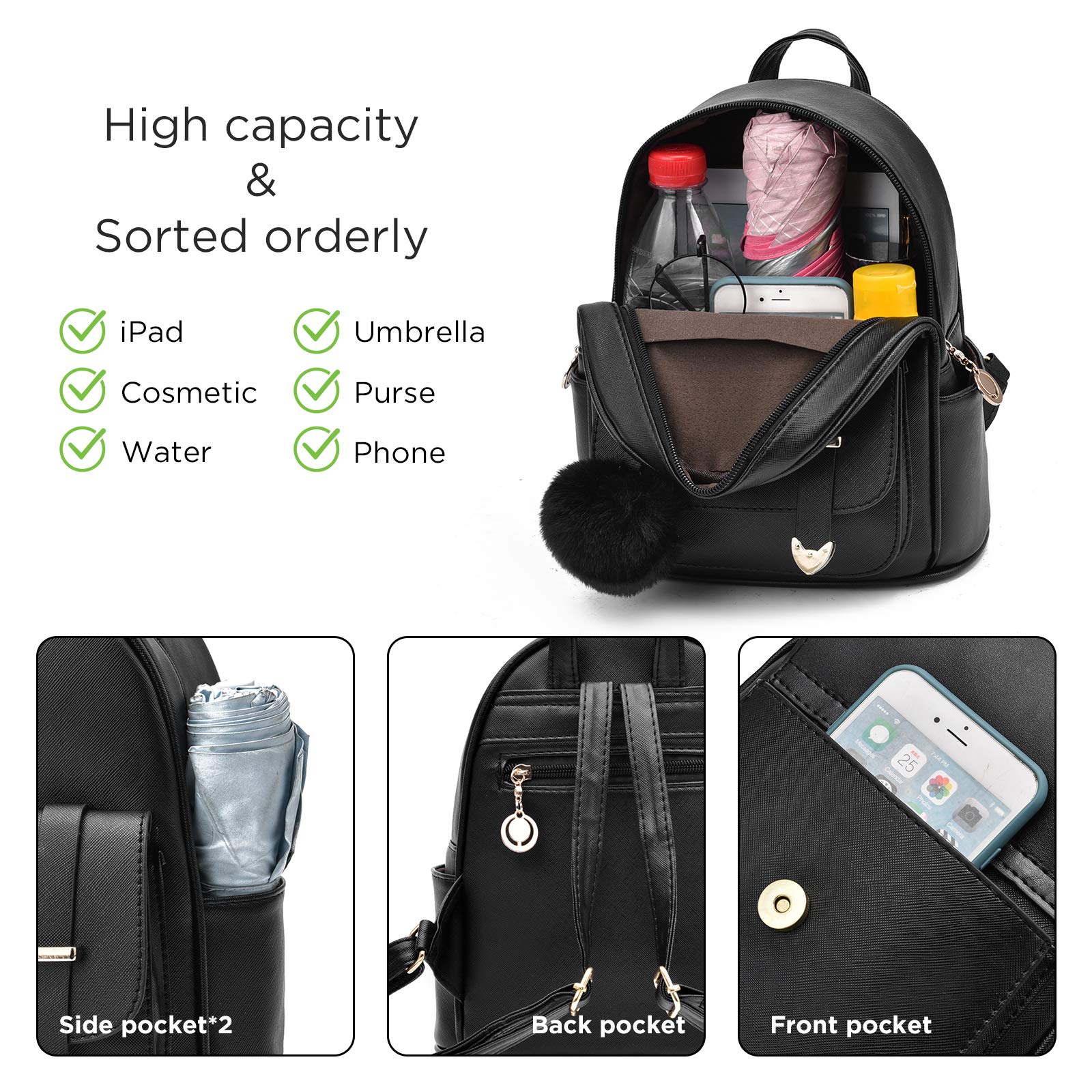 **IHAYNER Girls Fashion Backpack - Mini Backpack Purse for Women & Teens, PU Leather Pompom Shoulder Bag - Perfect for School, Travel & Daily Use**
