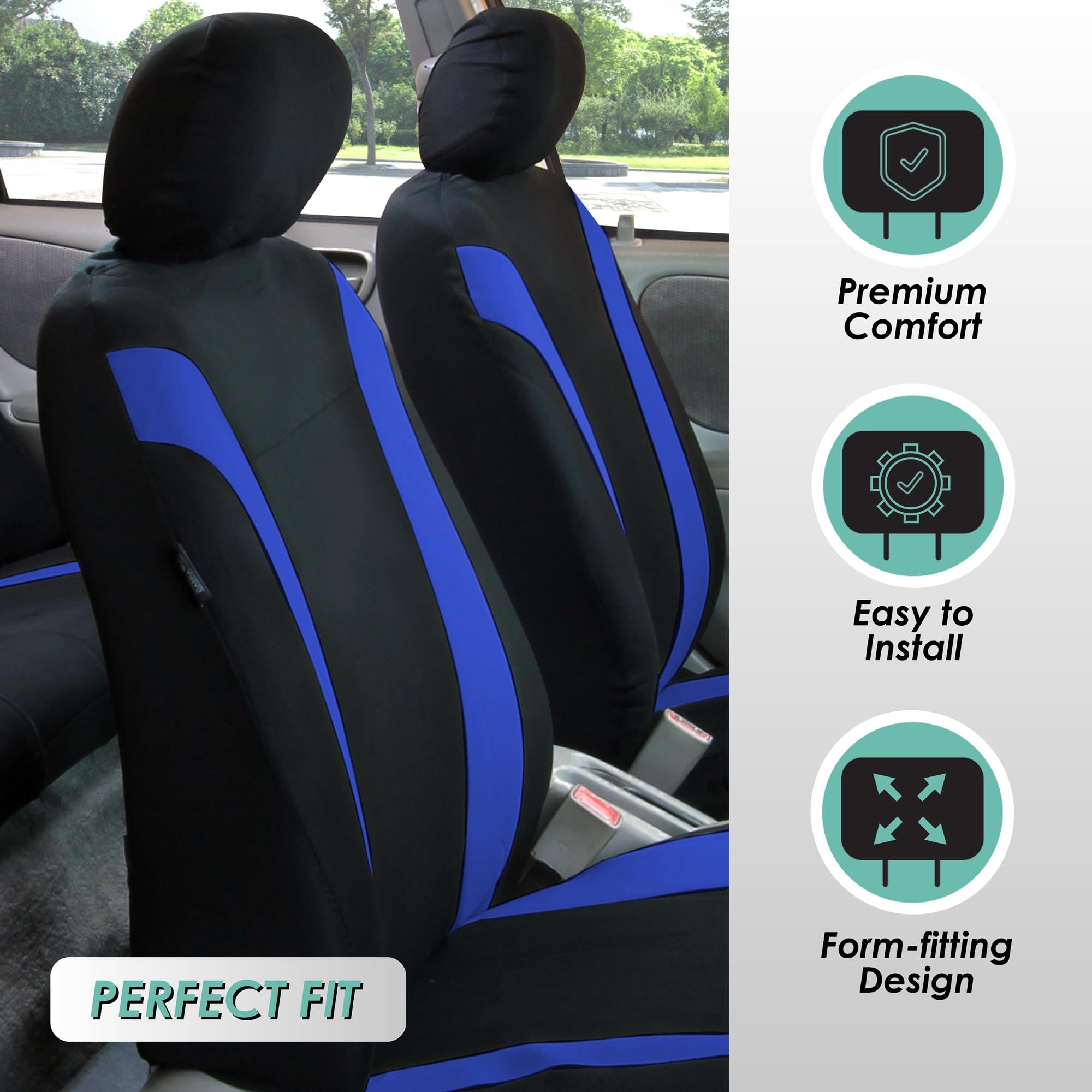 FH Group Universal Fit Blue Cosmopolitan Flat Cloth Car Seat Covers Full Set - Airbag Compatible & Split Bench Design for Cars, Trucks, SUVs | Perfect for Daily Commute, Road Trips & Vehicle Protection