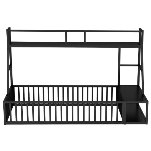Kids Floor Bed with Safety Fence - Twin Size Metal Loft Bed with Built-in Desk & Storage Shelves for Children's Room - Black - Perfect for Small Spaces & Montessori Bedrooms