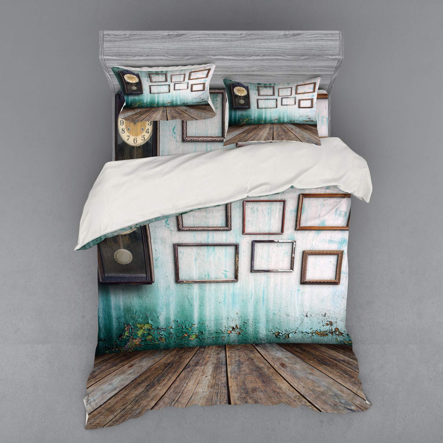Ambesonne Vintage Clock Duvet Cover Set - 4 Piece Queen Size Bedding with Shams & Fitted Sheet - Green & Brown Wooden Backdrop Print - Perfect for Cozy Bedrooms & Vintage Home Decor