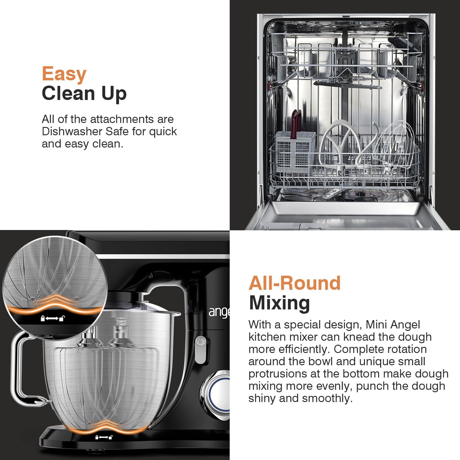 5-Quart Mini Angel Electric Stand Mixer with Dough Hook, Flat Beater & Wire Whisk - 10+ Speed Settings & Splash Guard - Perfect for Baking, Cooking & Meal Prep (Black)
