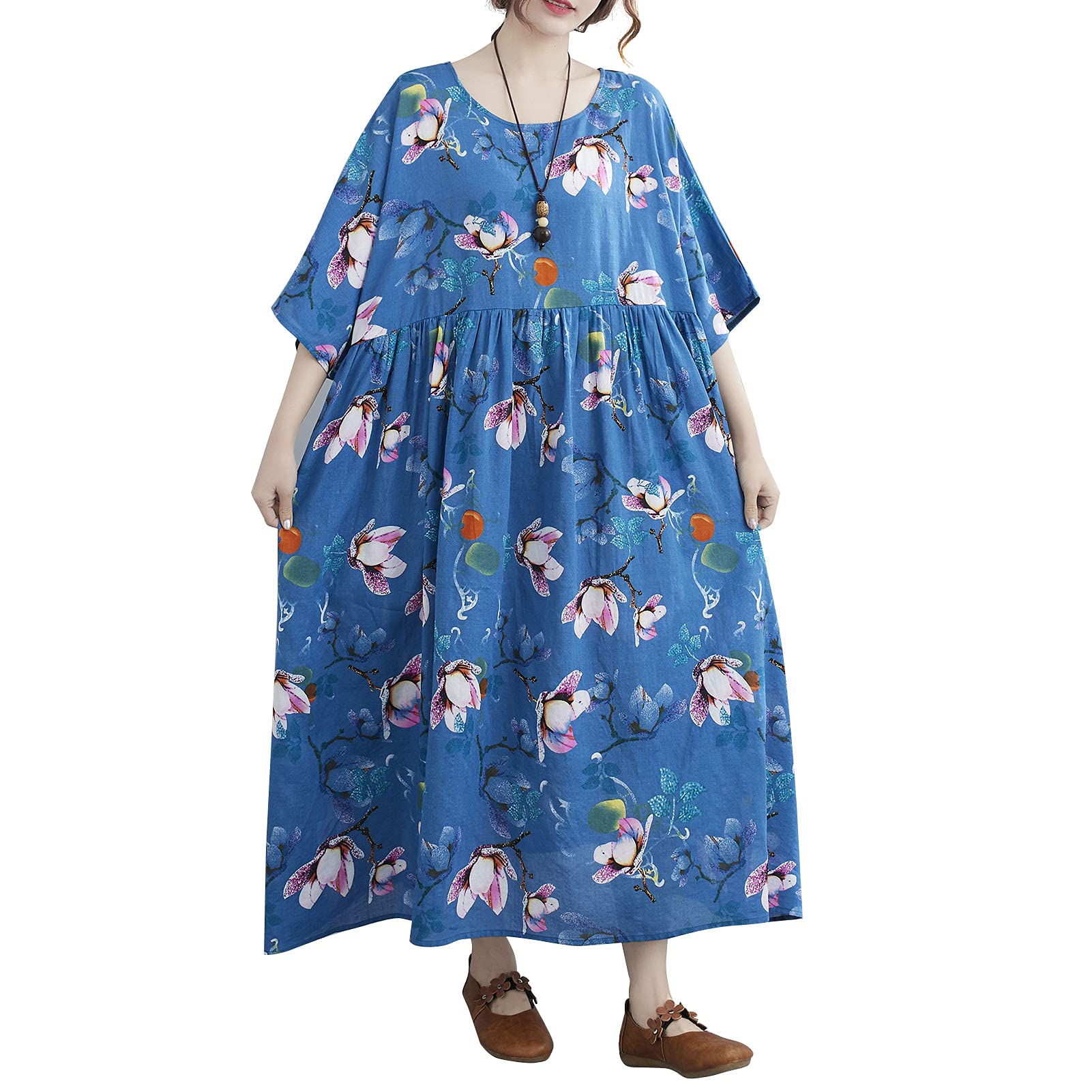 Vintage Floral Cotton Linen Dress for Women - Loose Boho Maxi Dress with High Waist & Half Sleeve Pockets | Perfect for Beach Vacation, Summer Outfits, and Casual Boho Style