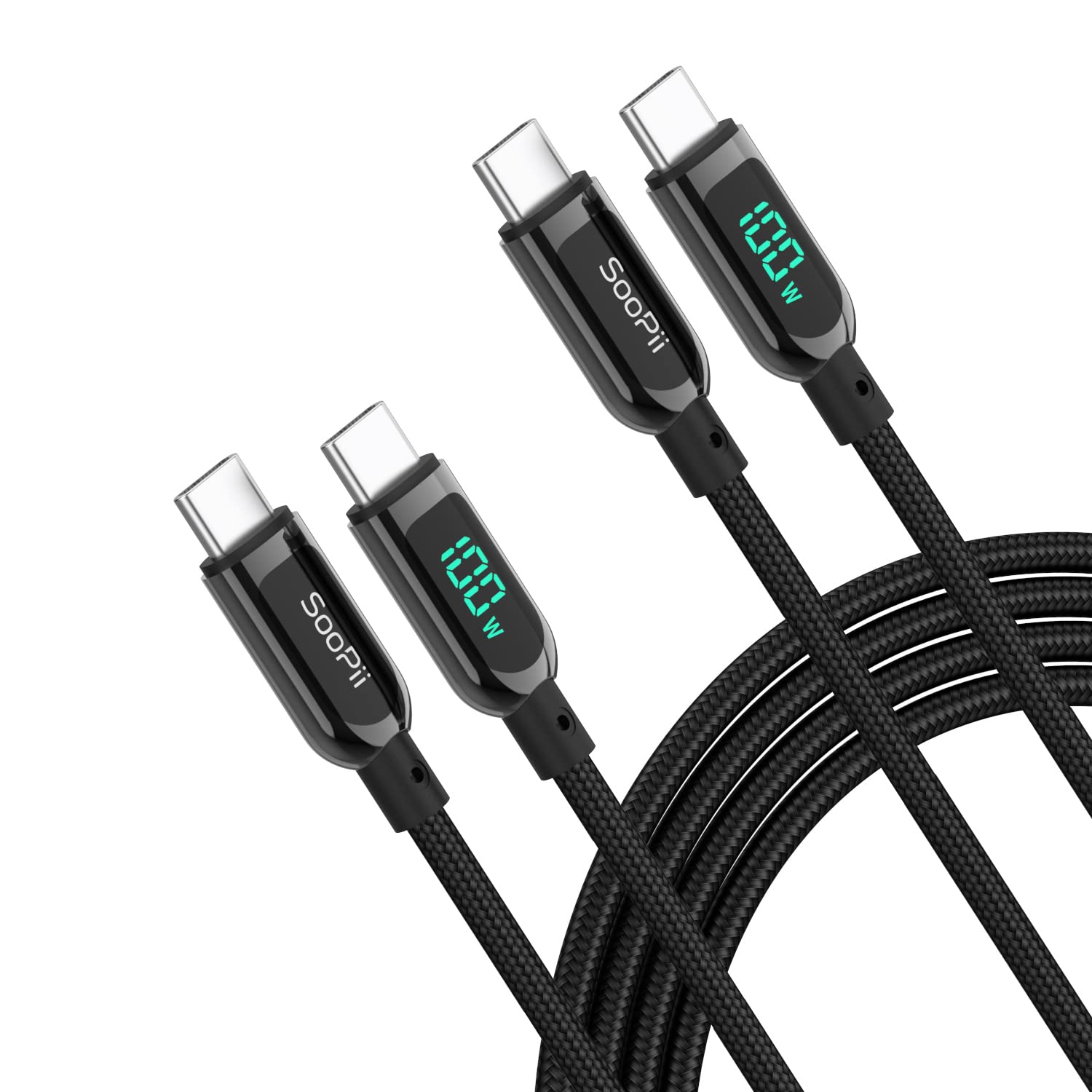 SOOPII 100W USB C to USB C Fast Charging Cable [6.6ft 2-Pack] - Nylon Braided with LED Display - Compatible with iPhone 15/15 Pro/15 Plus, iPad Air, MacBook Pro, Galaxy S24/S23 - Perfect for Home, Office & Travel (Black)