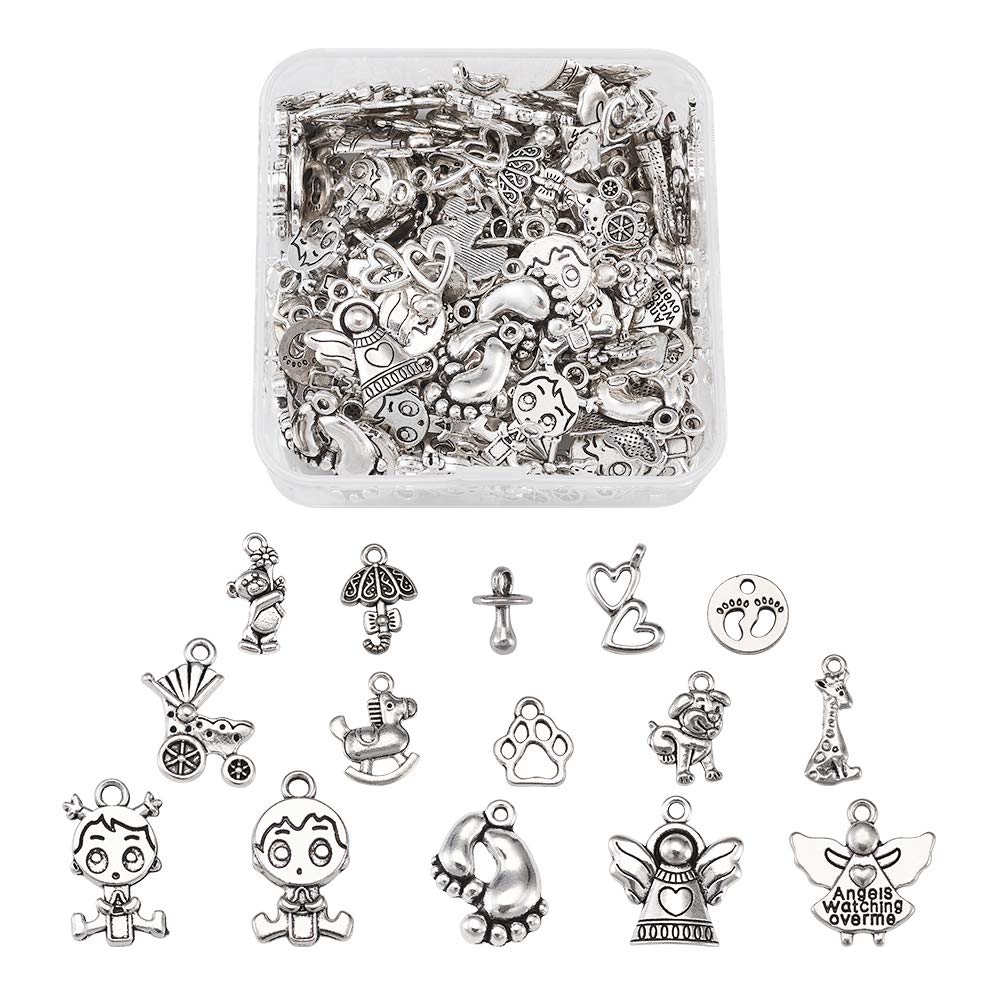 KISSITTY 150pcs Tibetan Antique Silver Baby Theme Charm Pendants - 15 Style Dangle Beads for DIY Jewelry Making & Crafting - Perfect for Bracelets, Necklaces, Earrings & Scrapbooking Projects