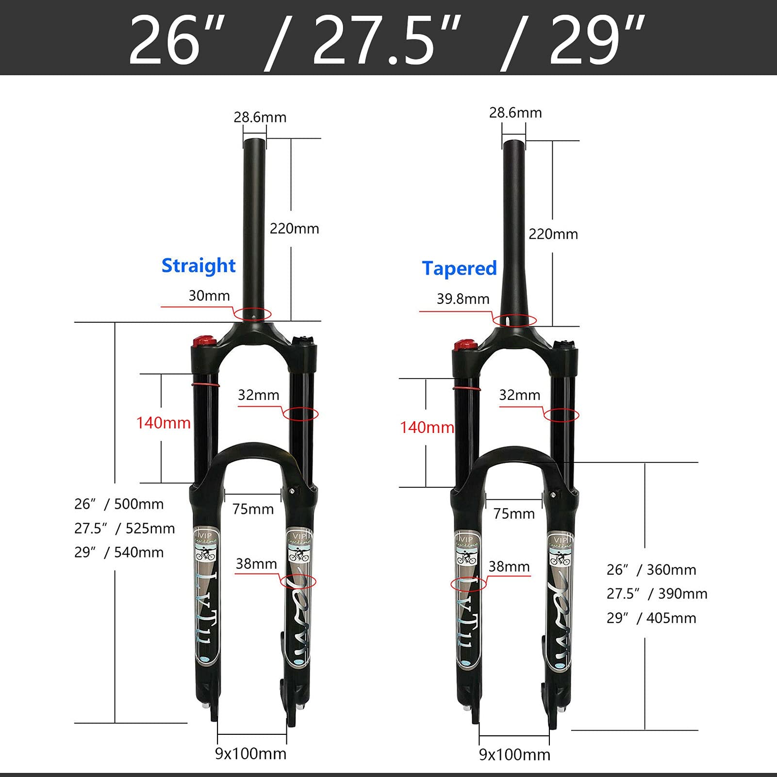 140mm Air Suspension Fork for 26/27.5/29 Inch Mountain Bikes - QR 9mm Straight/Tapered Tube XC/AM Front Fork (Straight Manual Lock, 27.5