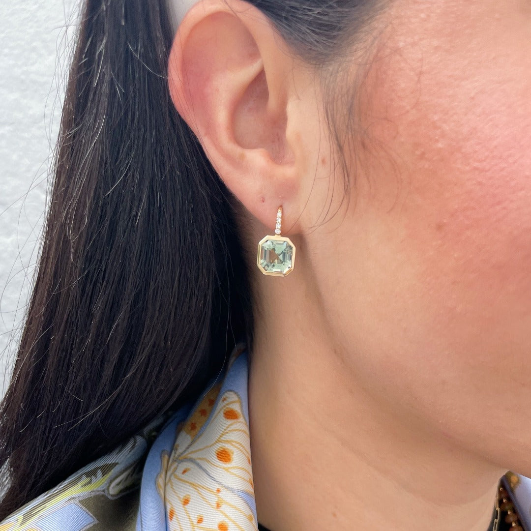 Goshwara Asscher Cut Prasiolite & Diamond 18K Yellow Gold Earrings for Women | Luxury Fine Jewelry Gift for Anniversary, Wedding, Party & Special Occasions