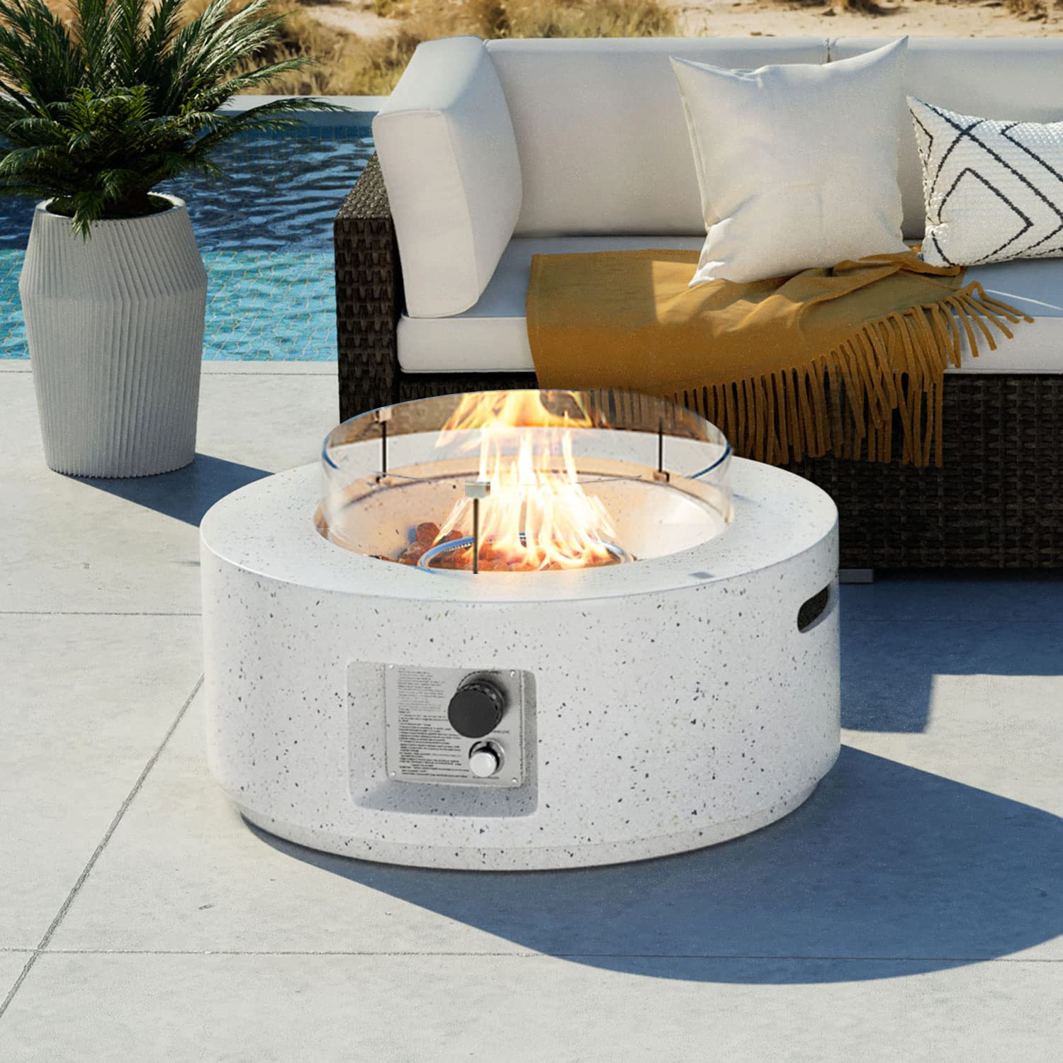 28-inch Outdoor Propane Fire Pit Coffee Table with Terrazzo Round Base - 40,000 BTU Stainless Steel Burner, Wind Guard & Free Lava Rocks - Waterproof Cover Included - Perfect for Patio, Backyard, and Camping Heating