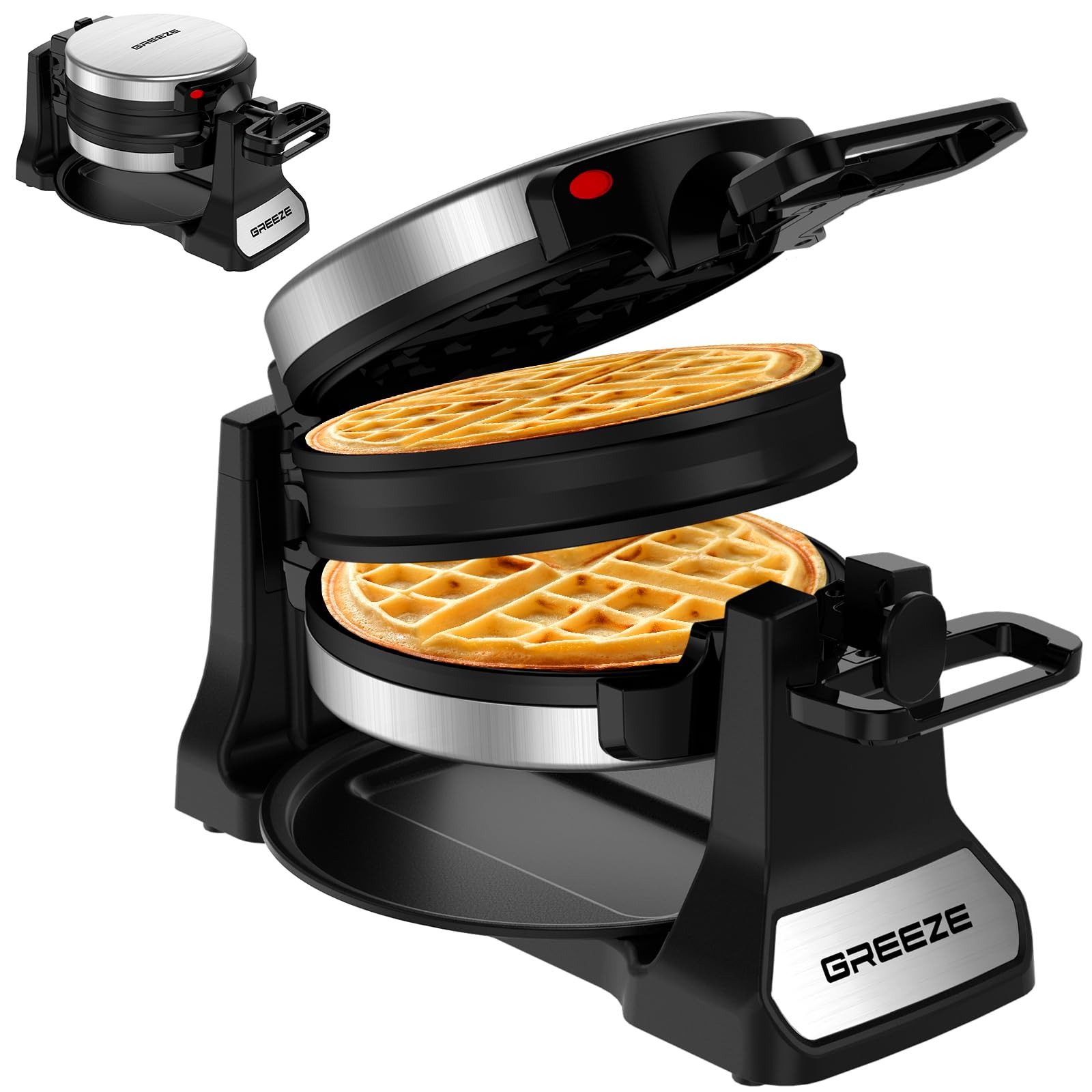 Double Belgian Waffle Maker 180° Flip - 1400W Stainless Steel Waffle Iron with Nonstick Plates & Removable Drip Tray - Makes 8 Slices - Perfect for Breakfast, Brunch, and Family Gatherings