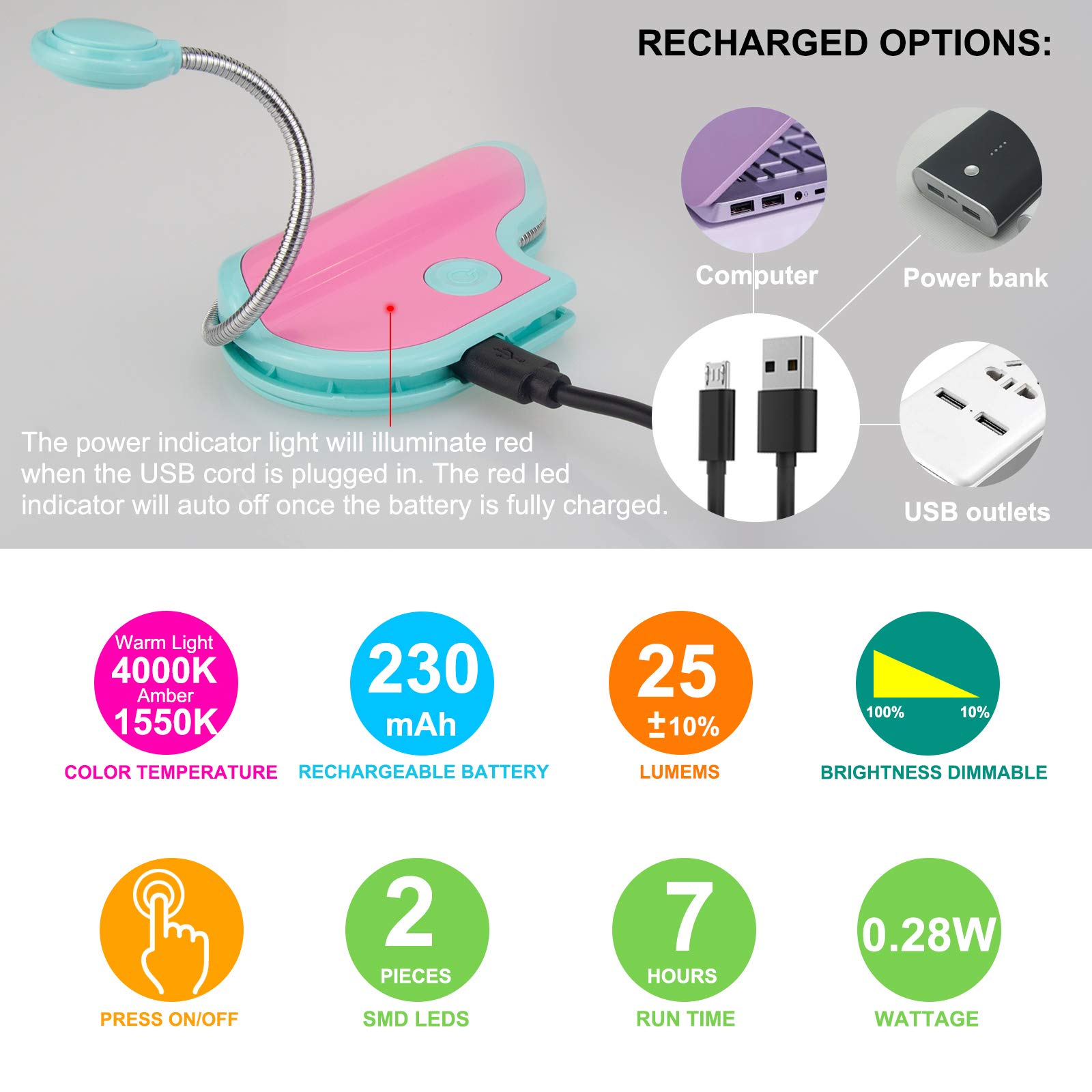 BIGMONAT Rechargeable Reading Light for Kids - Adjustable Amber LED Book Light with 362° Rotatable Neck, Portable Clip-On Lamp for Night Reading, Study, and Travel (Lavender) - Perfect for Bedtime Stories, Homework, and Camping