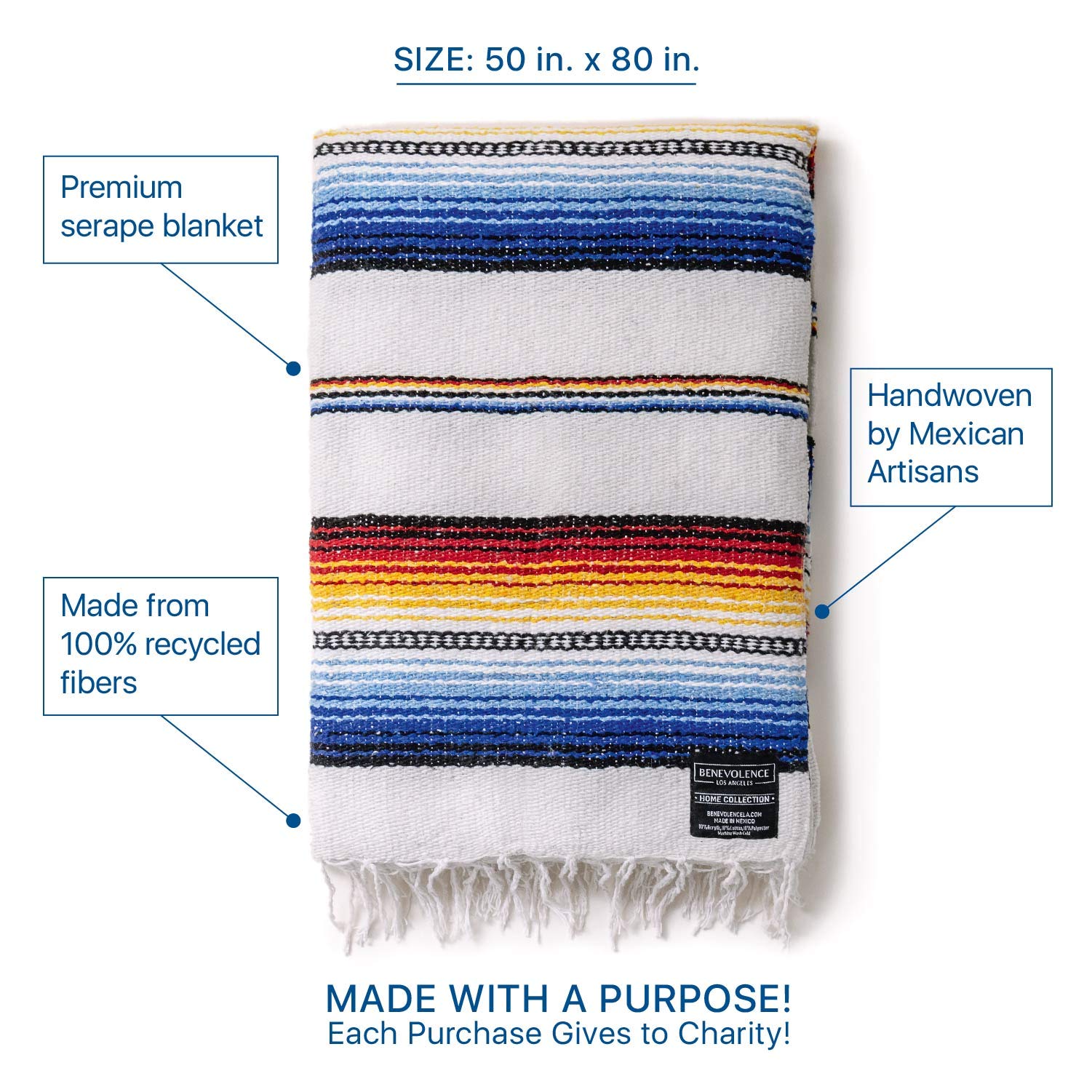 Authentic Handwoven Mexican Falsa Blanket by Benevolence LA - Traditional Artisan Crafted Outdoor Blanket for Camping, Beach, Picnic & Car Use - Soft & Durable (White) | Perfect for Backyard Lounging, Festival Essentials and Cozy Home Decor